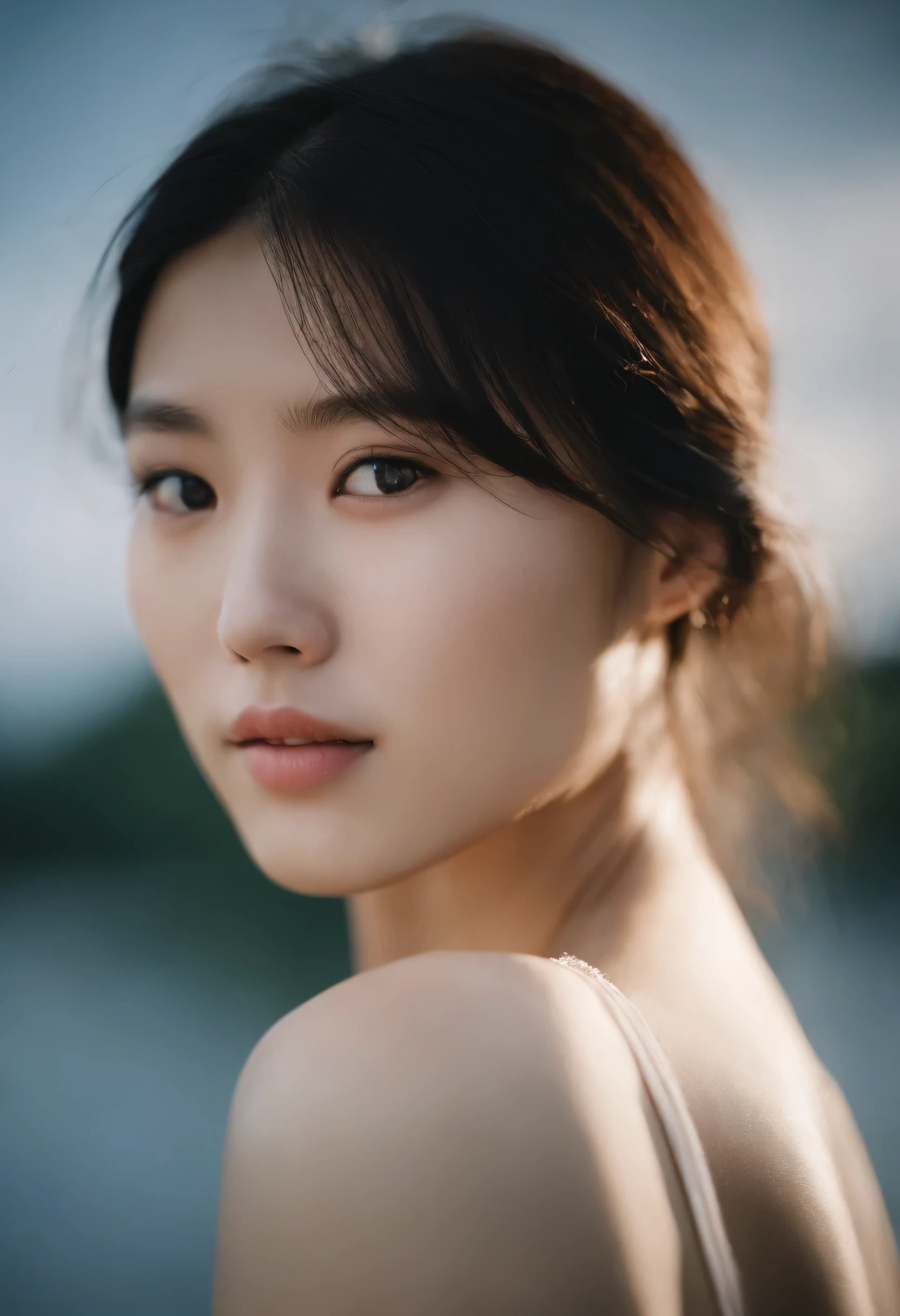 This is a close-up front view portrait of a 20-year-old beautiful Japanese girl, photographed by Hidemi Shimura. The image captures the girl with water on her face, with soft lighting that emphasizes her innocent and pure eyes, highlighting every detail. ,with a pale face set against a blue sky, with a misty and foggy, dreamy haze. The image is photorealistic, ultra-high definition, and showcases intricate details that were captured with manual focus.kadak portra 400nc, SMC Pentax 75mm F2.8AL