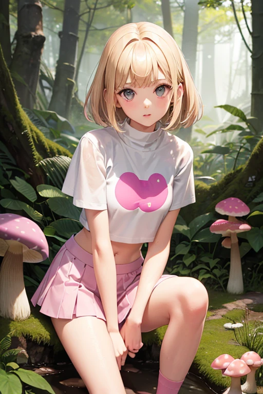 1girl, cute, slender, round face shape with angular jaw, blonde with bangs, grey eyes, short crop top, picking wet pink colorful mushrooms in a celestial forest, sunshine, stripe socks, pink skirt, windy