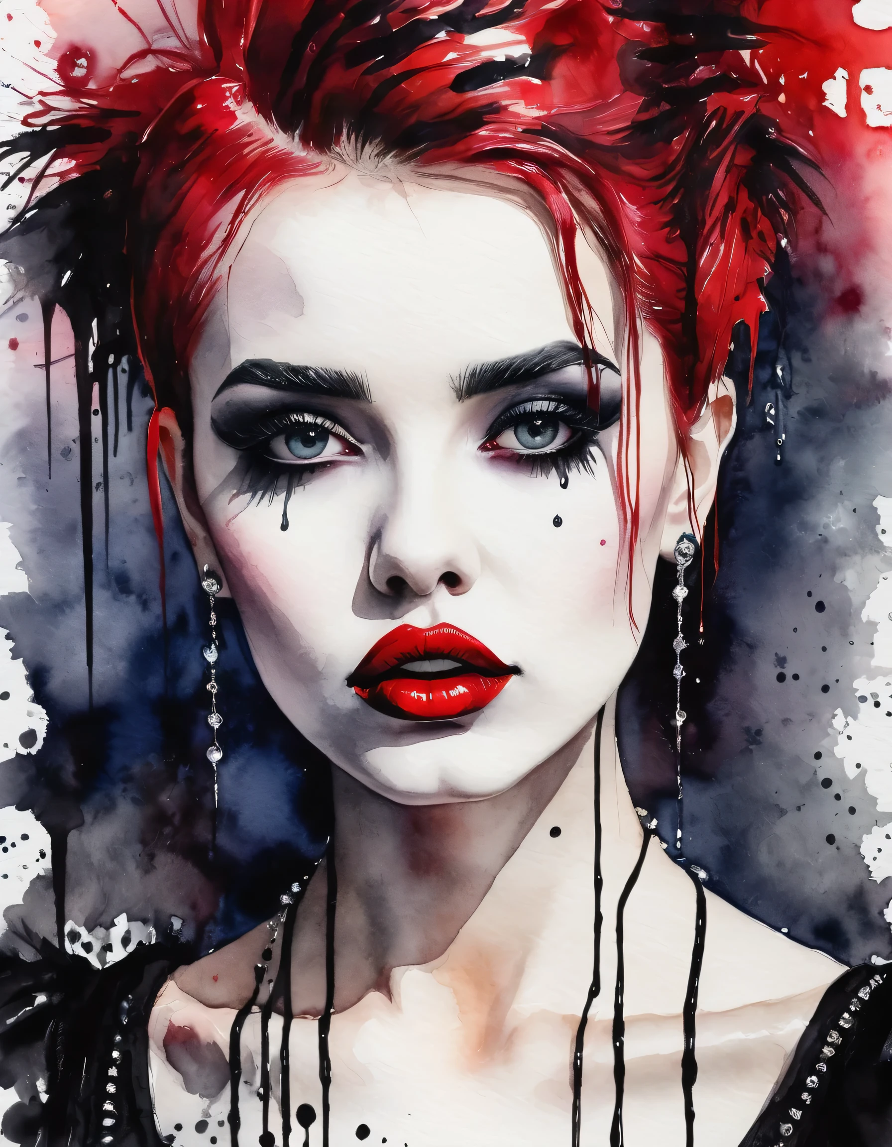 Beautiful vampire, bared fangs, blood-covered river as background, watercolor style smear, art, dramatic lighting, David Lynch's image style, abstract expressionism, metaphysics, expressionism, golden ratio,details aesthetic octane render excellent composition natural textures 8k oil paining masterpiece canon eos r4s 50