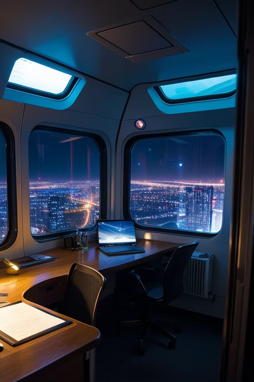 High floor corner room　Large windows on the south and west sides　Desk and houseplants　The view is like being in an airplane cockpit　Futuristic Youth Room　Enjoy the magnificent night view