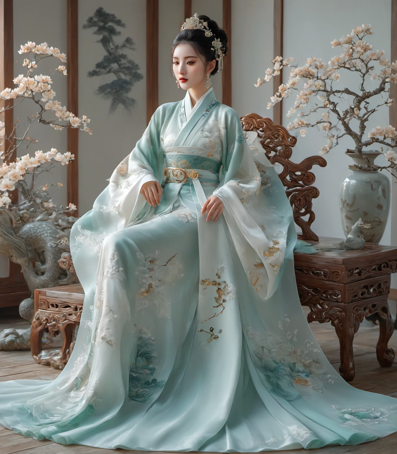 master-piece，best picture quality，HD wallpaper 8K，beautiful image，Elegant single woman，Traditional Chinese Costume，Sharp eyes，best detail，An exquisite masterpiece，Beauty and lightnesoderate aesthetics，Gentle and elegant，Pay attention to details，ornate，immortal，Seated，Full body capture，heaven