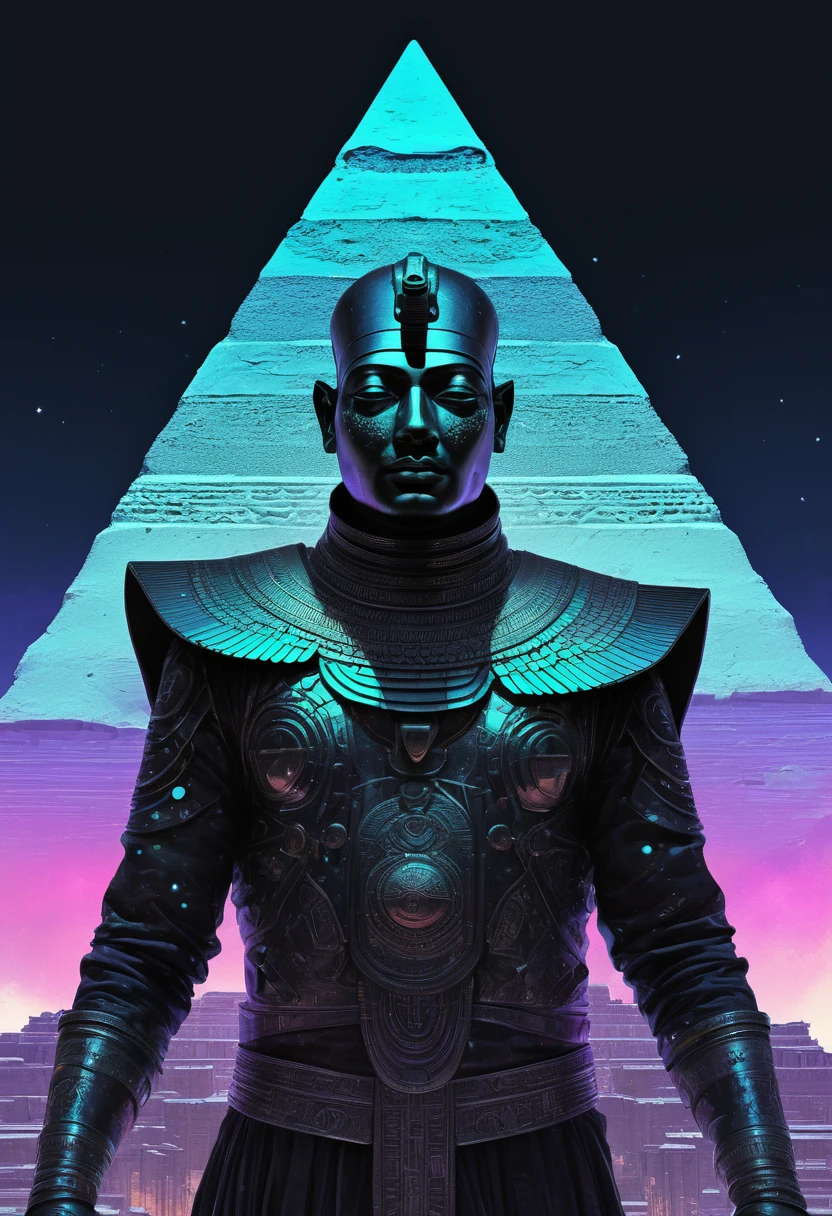 cyberpunk,futuristic egypt Pharao Ramses in biomechanical clothes,double exposure superimposed against astral pyramid skyline by Conrad Roset,Brandon Kidwell,Andreas Lie,Dan Mountford,Agnes Cecile,Jeremy Mann,oil and ink canvas,fine art,super dramatic light,photoillustration,amazing depth,hyperdetailed,iridescent soft neon light,intricate detailed,amazing depth,stunning misty atmosphere,mesmerizing whimsical vibrant scenery,maximalism,complex masterwork by head of prompt engineering, Galaxy night sky