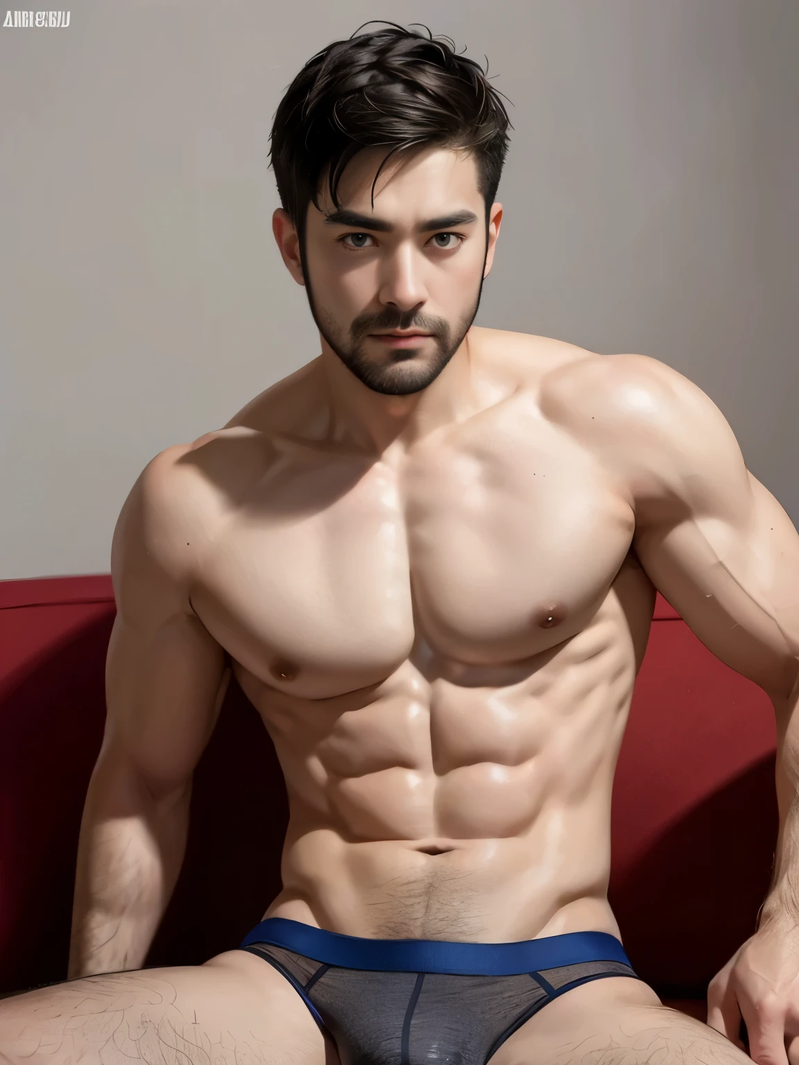 Arafed man in a briefs, handsome man, handsome guy, Full Body Shoot, photoshoot, beard, a little beard, male underwear, briefs, portrait, look at camera, detailed facial parts, Manly, Charmer, Active Boy, sitting, sitting on sofa, legs opened, spread arms, harness, furious expression, angry, perfect anatomy, symmetric body, asian boy 25-year-old, shirtless :: high detail, asian, a little six packs attractive body, realistic, human skin, handsome chad chin, shirtless, handsome, lean muscle, attractive, slim, masculine, sexually attractive, human skin, (eyes contact), Handsome, Attractive, bulge in briefs, The crotch is raised, bright tone, pastel background, playful background, studio lighting, modeling
