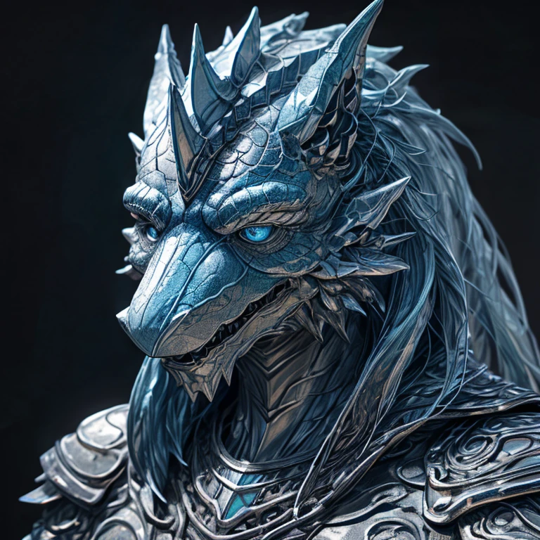 A blueshark head, with a perfect sculptural realistic,with silver mediaval armor, and potrait, ultra realistic, HD,