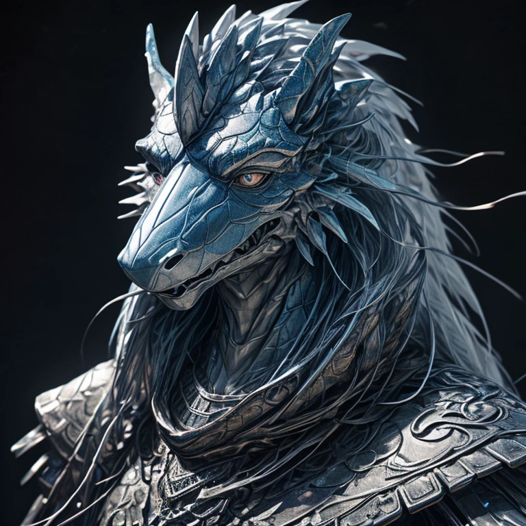 A blueshark head, with a perfect sculptural realistic,with silver mediaval armor, and potrait, ultra realistic, HD,