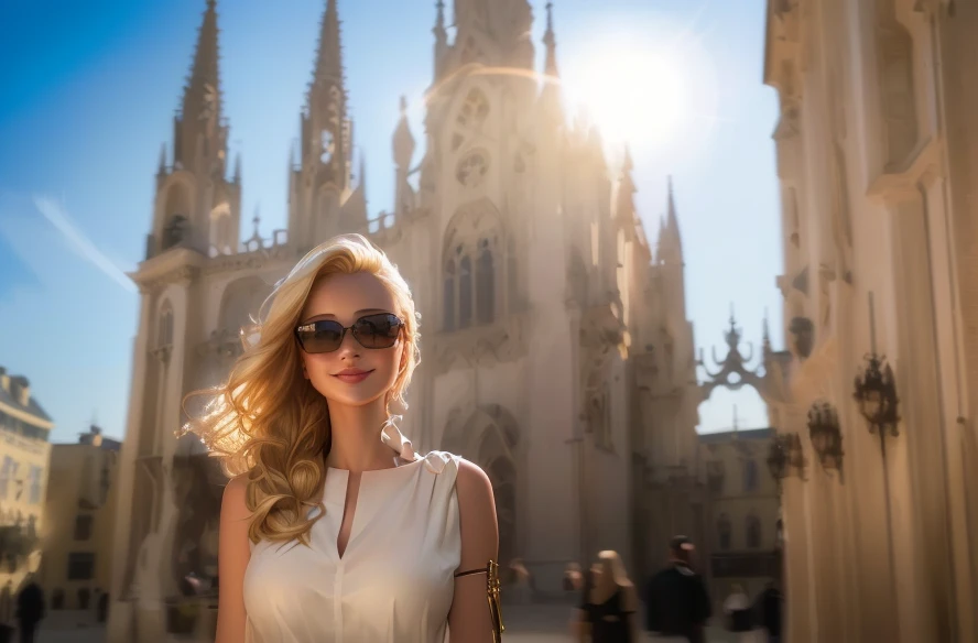 A beautiful blonde woman wearing sunglasses on her face. smile on face.masterpiece, best quality, (Extremely detailed CG Unity 8K wallpaper), (best quality), (Best Illustration), (The best shadow), absurd, Realistic lighting, (abyss), Beautiful and delicate light, Artworks by Peter Mohr Bacher,
