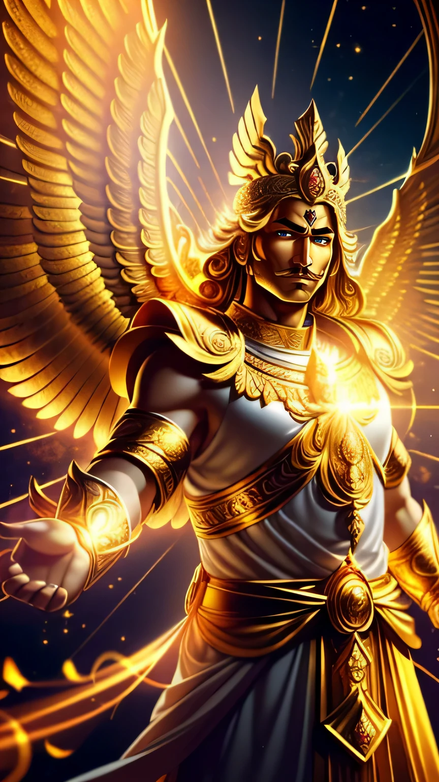 (absurderes、hight resolution、ultra-detailliert、realisitic、)、（Golden Gatot Kaca）, which is a symbol of auspiciousness and peace, is also the embodiment of loyalty and chastity, or the embodiment of bravery and wisdom, Drive endlessly through the gold, One Human、Javanese descendant, Manly Face, Shining,（Human of God），flustured，(Shining with golden light)，Solo,nigth,One person elevation angle，super detailing，best qualtiy，tmasterpiece，（8K)，Extremely detailed，magnificent artwork，The picture is clear，Golden light on background