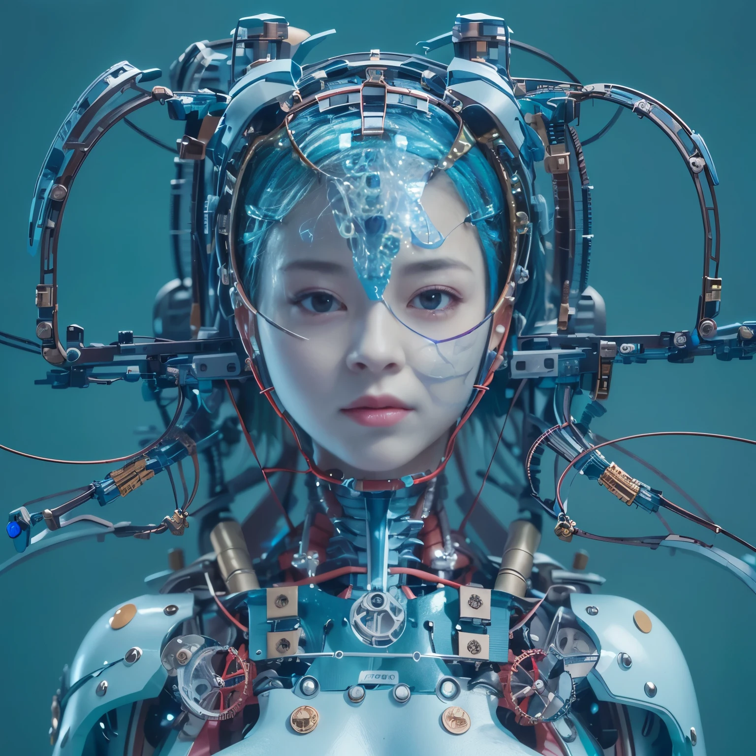 (best quality:1.2), 8k, highres, octan render, (masterpiece), extremely ultra detail, cyborgized Japanese woman, extremely ultra cute face, , skinny body, flat chest,  (blue metallic mechanical frame:1.5), (Power cables connected throughout the body), detaile up, Instead of hair, there are cables growing out of it, mechanical fusion, mechanical skeleton, bio mechanics, mechanical life-form, highly intricate detail, extremely ultra real texture, human-like skin, realistic hair, ultra realistic details, professional lighting, (realistic:1.4), (RAW photo:1.2), (photorealistic:1.37)