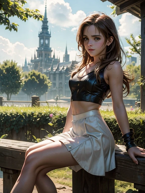 teen emma watson dressed as a sexy Aerith Gainsborough. sitting on a fence. Tifa in a short dress, crop top. wet. --s 1000