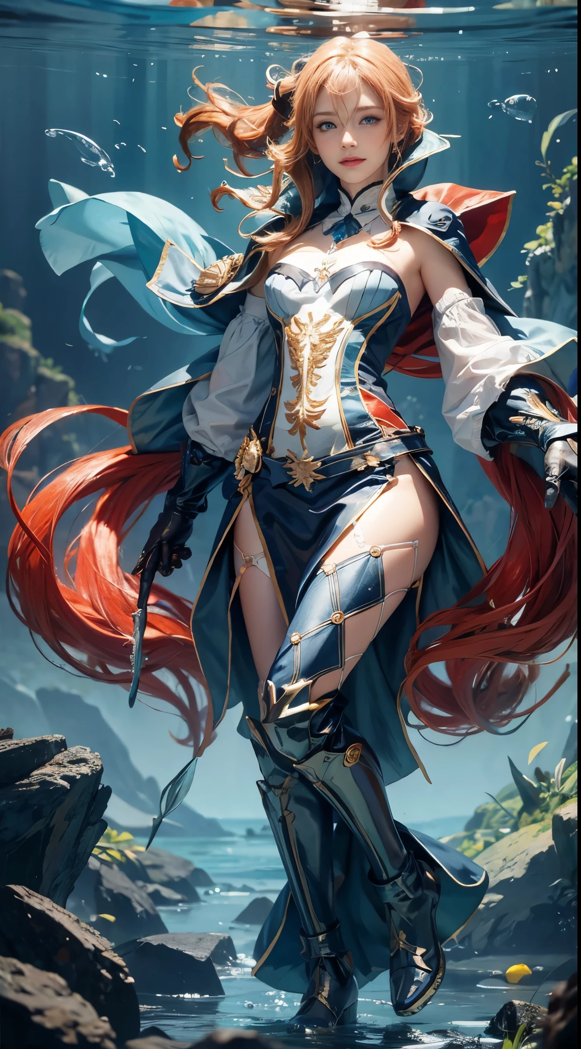 full body, underwater, bubbles, beautiful mermaid, skinny, large breasts, red hair, long hair, blue eyes, smiling, wet skin, shiny skin, looking at viewer, dark theme, low light concept art, realistic expressiveh g0ldl34f
