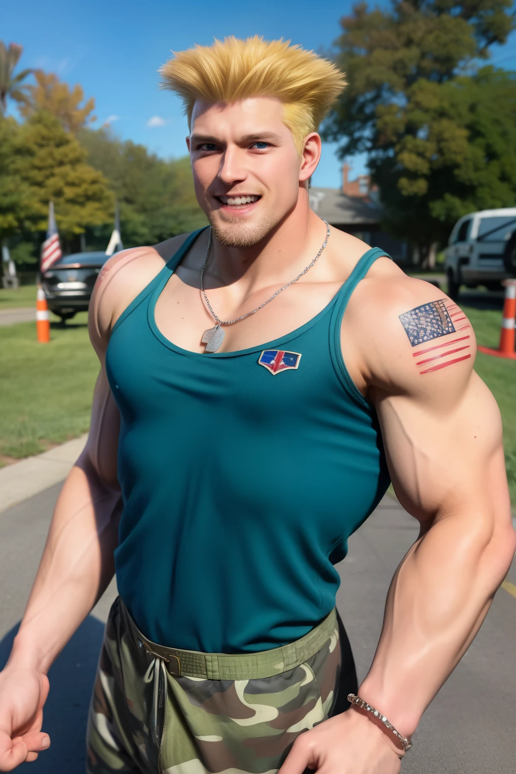 Cunning, Blonde, Flat Top, beard, Shoulder Tattoo, Muscular, blue eyes, View your viewers,
Biceps, Green muscle shirt, Camouflage pants, necklace, teeth, American Flag Tattoo,
air force base, morning, Outdoor,
Are standing, Upper Body,
(Very detailed, Beautifully detailed face,Beautiful fine details, masterpiece, highest quality) ,smile, alone,