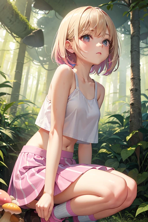 1girl, cute, slender, round face shape with angular jaw, blonde with bangs, grey eyes, shoulderless short crop top, picking wet pink colorful mushrooms in a celestial forest, colorful sunshine, stripe socks, pink skirt, windy