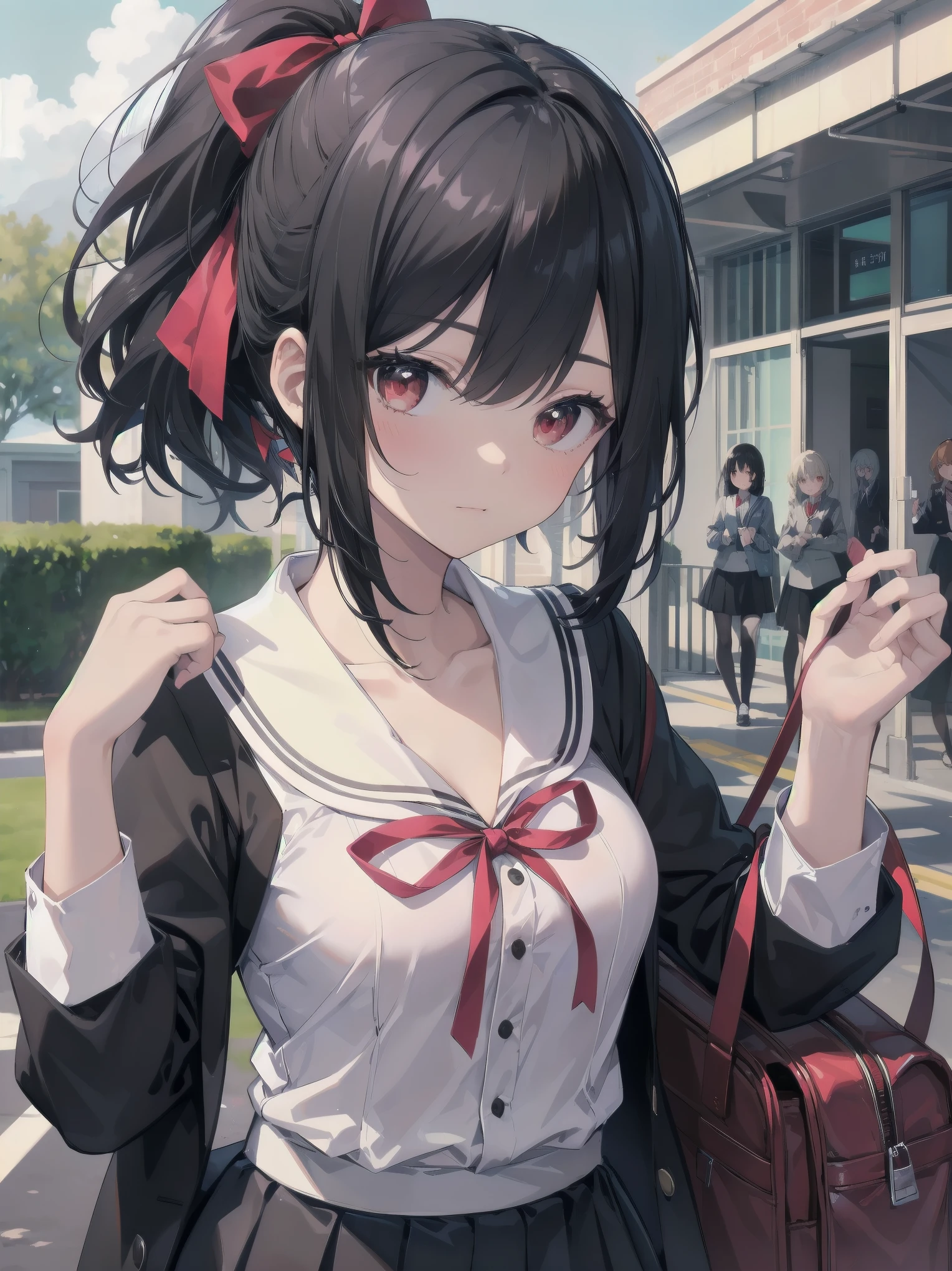 Masterpiece, top quality, super detailed, 16k, One girl, spring, high school, warm colors, school bag, accurate and highly detailed background, flock of schoolgirls in uniforms of various body shapes and hairstyles, cute. Blake. kaguya shinomiya, red eyes, black hair, ribbon, red ribbon, hair ribbon, parted bangs, folded ponytail, , shuuchiin academy , dress, sidelocks, breasts, black dress, collarbone, short hair, long sleeves