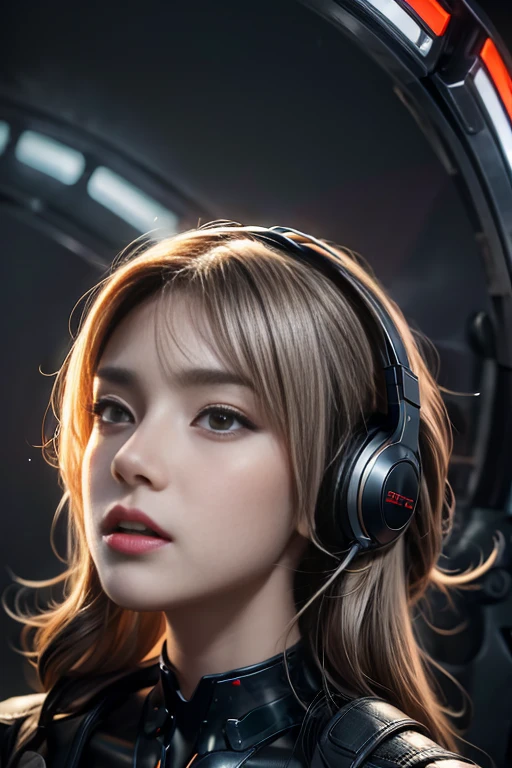 Realistic picture 8k,Masterpiece,complicated details,Highest quality,hips up,perfect anatomy,Great dynamic composition,Bright natural light that is easy on the eyes,Hyper clarity, full hd,Young woman with long gray hair,Has a human body mixed with a machine.,red orange machine,There was a neon light radiating from the machine.,Put on those wonderful, ultra-light headphones.,glowing headphones,The background is a deserted star at night.