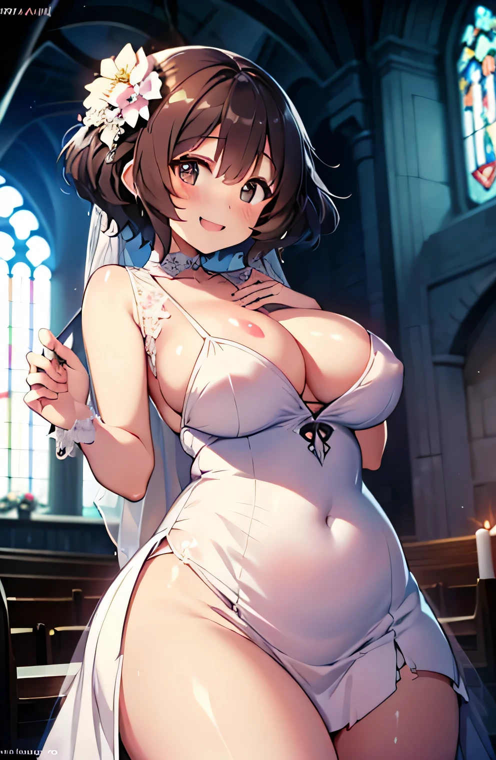 Anime illustration、highest quality、Short and plump bride、Wedding in the Chapel、gorgeous ruffled wedding dress、flare skirt、Perfect proportions、overwhelmingly big breasts、Beautiful, shining eyes、Cowboy Shot、Blushed、smile