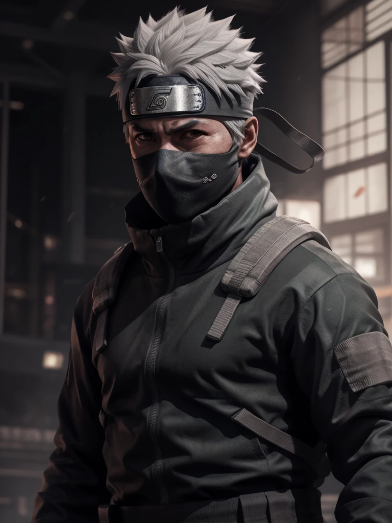 (best quality), high quality, very high resolution, (ultra detailed), 8k, (hyper realistic),Ray Tracing, 1 male, hatake kakashi in anime naruto, short hair , Gray Hair, Red eyes, good looking, Grey clothes, Realistic clothes, Clothing Details, Super detailed, Realistic, 3D Figures, Octane Rendering, 24K resolution, Very detailed