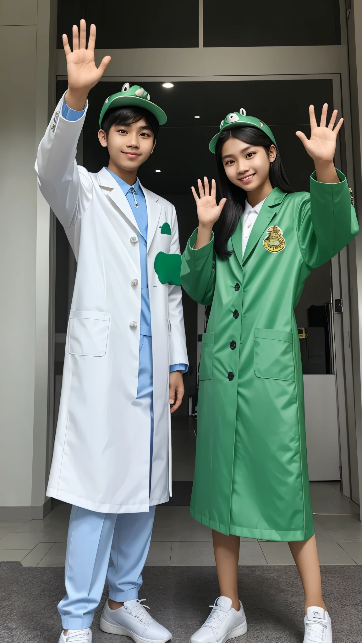 Picture of two Filipino Teenagers male and female, looking like K-pop Idols, wearing long lab coats, with their pet green frogs on their heads, waving hello. 