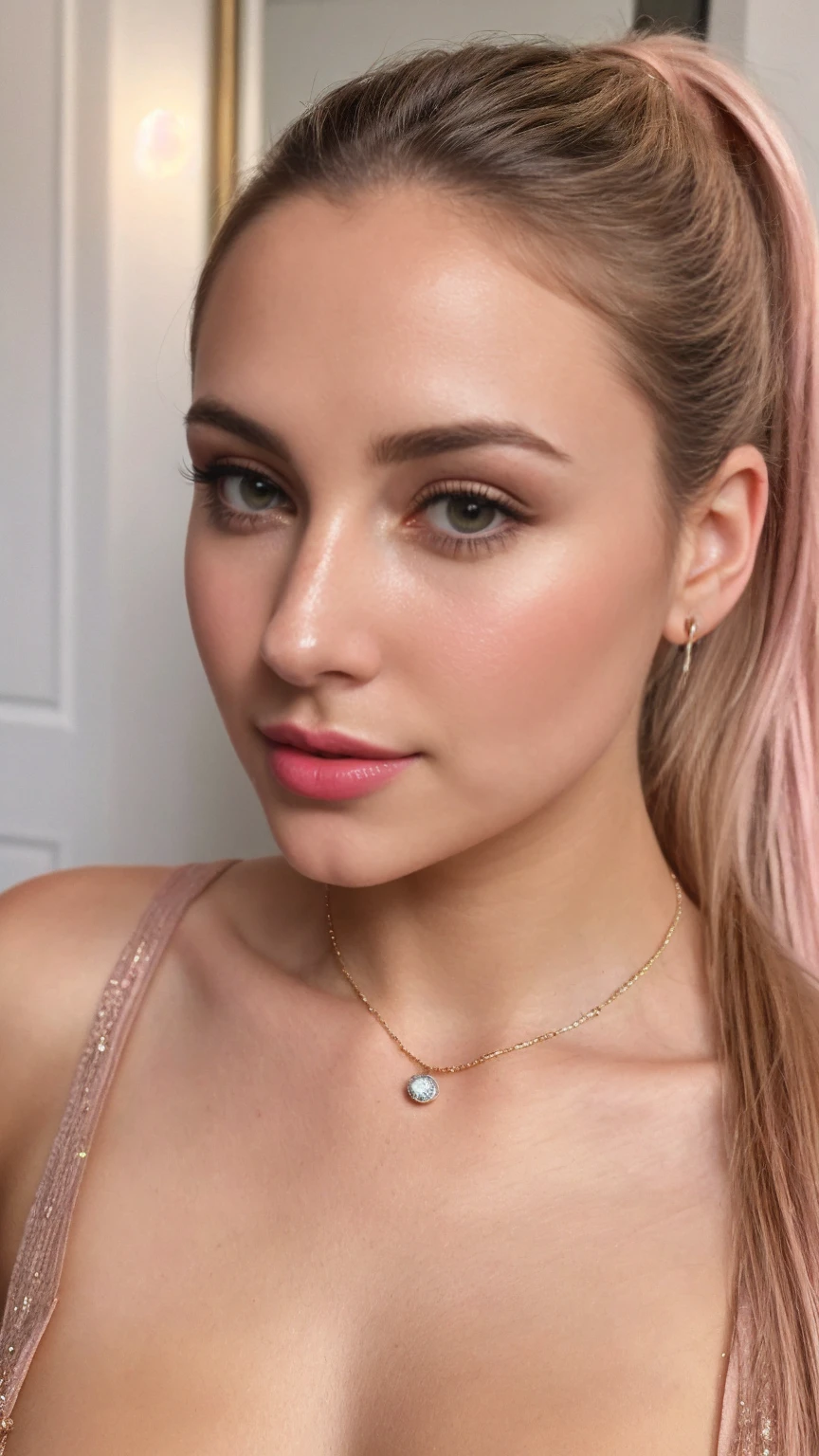 color photograph, close-up, ((a realistic photo of a beautiful girl)), (milalc), light, ((glowy skin)), looking_at_viewer, (fit body:1.0), ((medium breasts)), soldier,  beautyfull drees, jewelry,  neckless, wearing to many accessories, pink lipstick, shy, blushing,  high ponytail, detailed illustration, masterpiece, high quality, realistic, very detailed face,