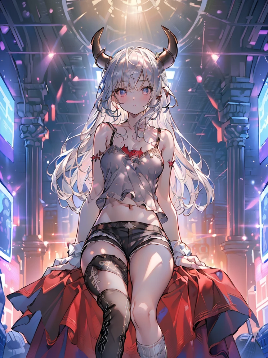 ,(masterpiece、highest quality、8k ),Intricate details,Ultra-detailed、1 cute girl、((movie:1.4)),Embarrassing、(Flat chest、bulge:2.2(Silver Hair、(devil、camisole,Shorts、Knee-high socks:1.3),Ultra-realistic,Perfect Anatomy,highly exposed,highly exposed,Watching the audience