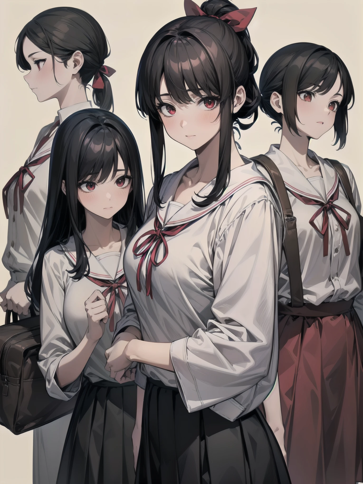 Masterpiece, top quality, super detailed, 16k, One girl, spring, high school, warm colors, school bag, accurate and highly detailed background, flock of schoolgirls in uniforms of various body shapes and hairstyles, cute. Blake. kaguya shinomiya, red eyes, black hair, ribbon, red ribbon, hair ribbon, parted bangs, folded ponytail, , shuuchiin academy , dress, sidelocks, breasts, black dress, collarbone, short hair, long sleeves