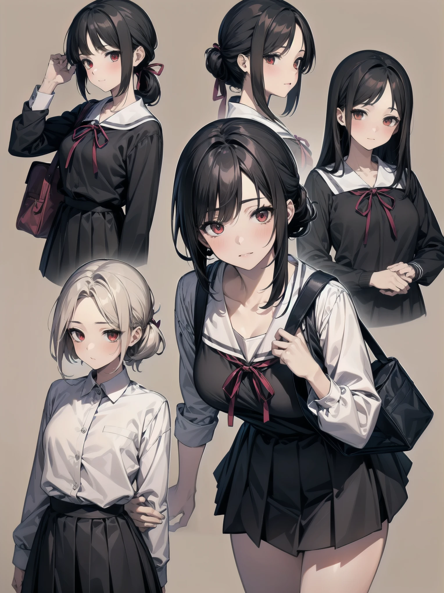 Masterpiece, top quality, super detailed, 16k, One girl, spring, high school, warm colors, school bag, accurate and highly detailed background, flock of schoolgirls in uniforms of various body shapes and hairstyles, cute. Blake. kaguya shinomiya, red eyes, black hair, ribbon, red ribbon, hair ribbon, parted bangs, folded ponytail, , shuuchiin academy , dress, sidelocks, breasts, black dress, collarbone, short hair, long sleeves