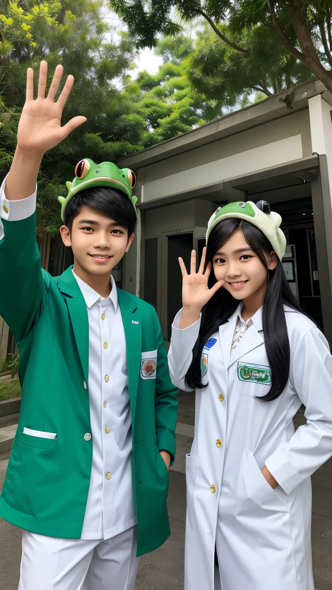 Picture of two Filipino Teenagers male and female, looking like K-pop Idols, wearing long lab coats, with their pet green frogs on their heads, waving hello. 