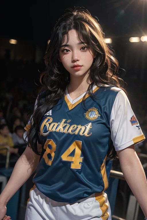(Masterpiece: 1.4), (8K, Real, Raw Photo, Best Quality: 1.4), (Genuine woman), (1 Basketball Player), (Adorable face), (Realistic features: 1.4), (Long curly hair: 1.3), (Sports uniform), (Determined expression),
A genuinely woman basketball player,
With an adorable face and expressive features,
Her long curly hair bounces as she plays,
Realistic textures show every strand,
Her sports uniform molds to her athletic frame,
Determination etched on her genuine face,
Perspiration glistens on her