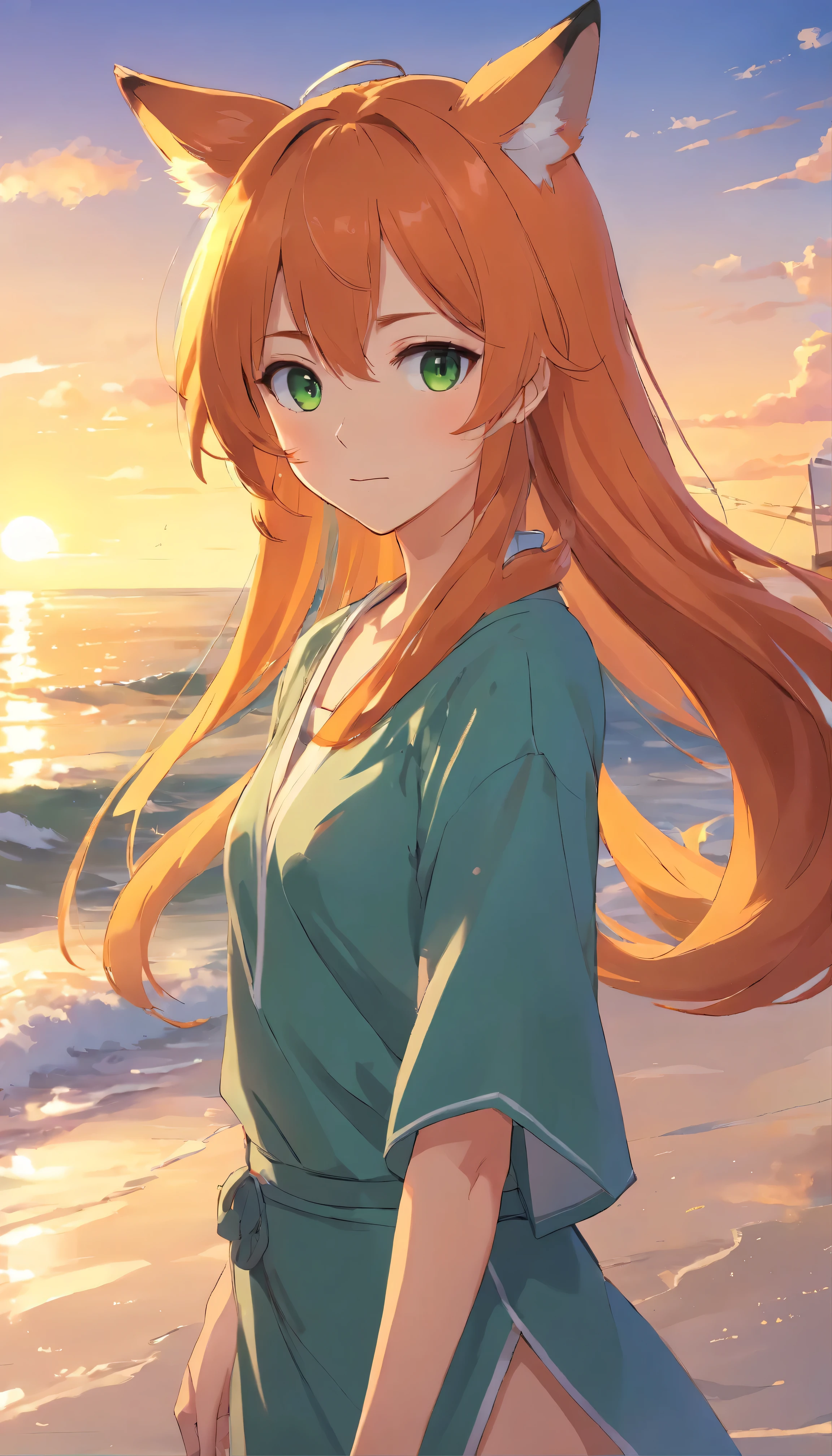 anime girl with long orange hair standing on beach near ocean, green eyes detailed digital anime art, fox ears, fox tail, anime girl with long hair, smooth anime cg art, anime girl with long hair, digital anime art, artwork in the style of guweiz, beautiful anime portrait, photorealistic anime girl render, beautiful anime girl, advanced digital anime art, guweiz on artstation pixiv upscale HD UHD HQ
