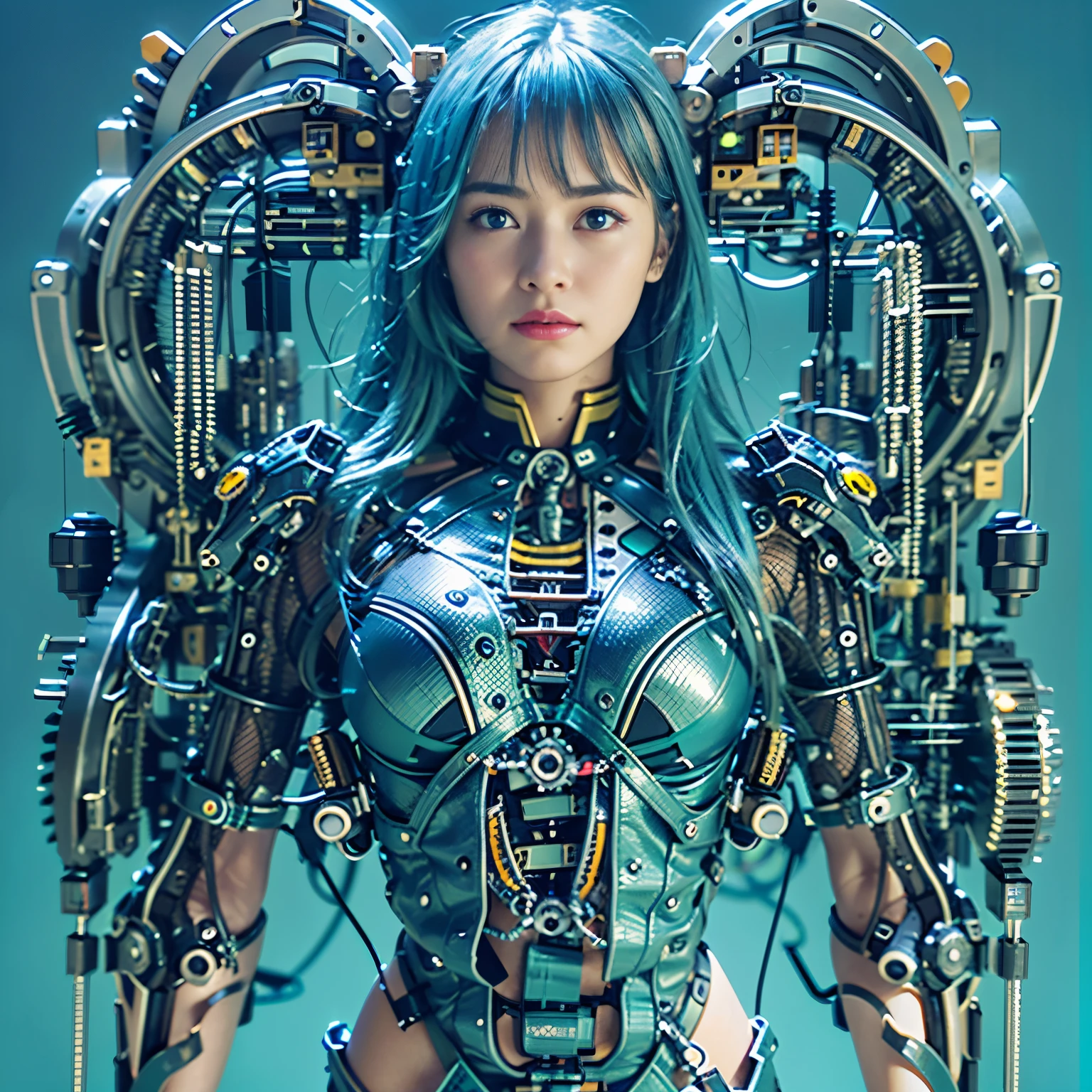 (best quality:1.2), 8k, highres, octan render, (masterpiece), extremely ultra detail, cyborgized Japanese woman, extremely ultra cute face, , skinny body, flat chest, (blue metallic mechanical frame:1.5), (Power cables connected throughout the body), detaile up, Instead of hair, there are cables growing out of it, mechanical fusion, mechanical skeleton, bio mechanics, mechanical life-form, highly intricate detail, extremely ultra real texture, human-like skin, realistic hair, ultra realistic details, professional lighting, (realistic:1.4), (RAW photo:1.2), (photorealistic:1.37)