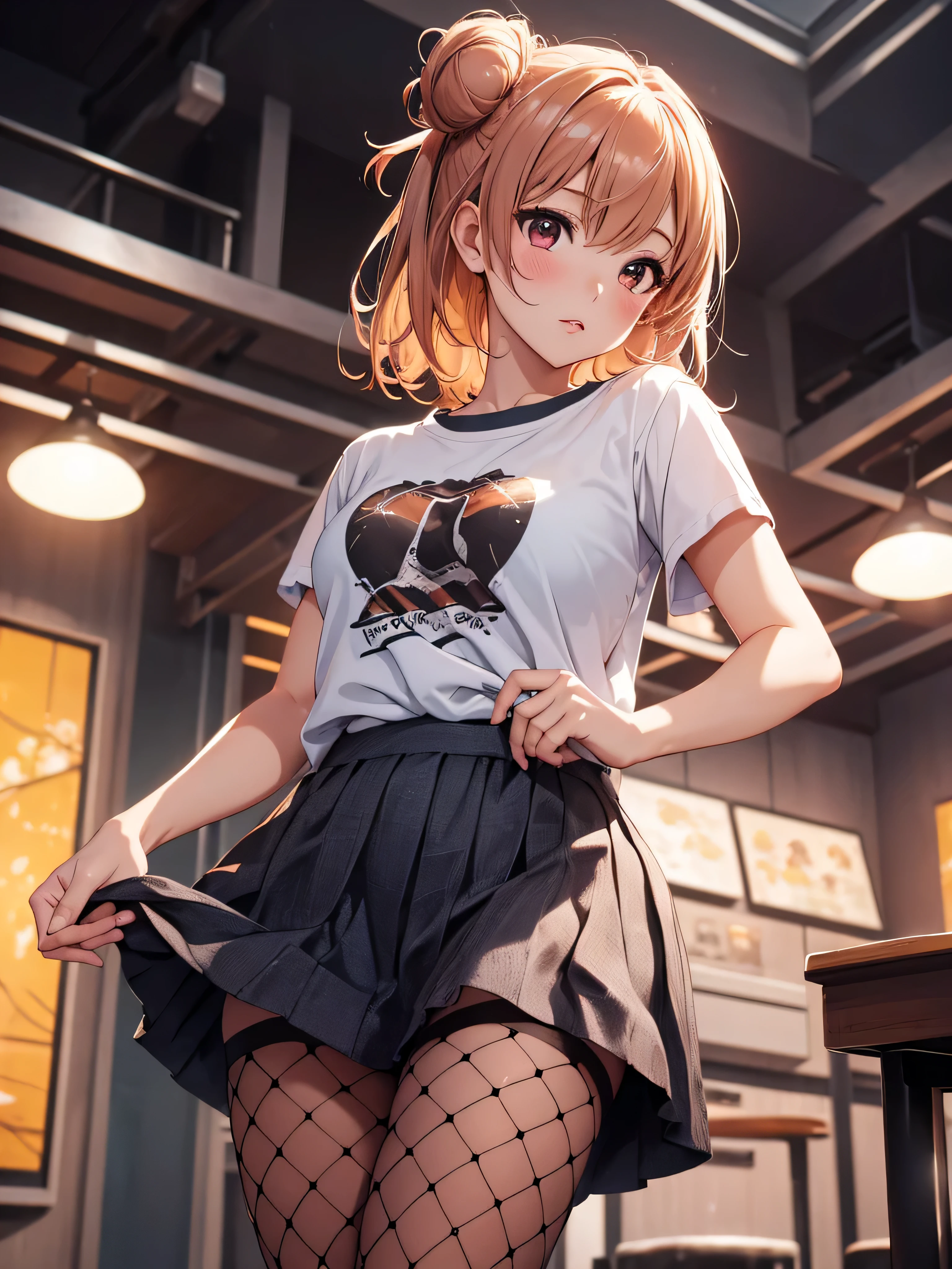 One girl, alone, masterpiece, highest quality, High resolution, Very detailed, (figure), Beautiful and fine details, yuigahama yui, Single hair bun, Glossy Lips, light makeup, Are standing, T-Shirts, (Fishnet tights)
