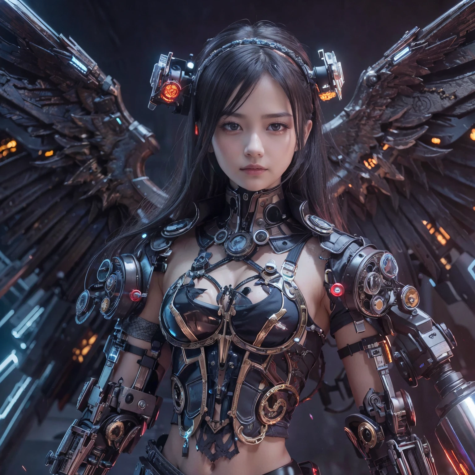 (top-quality:1.2, masterpiece)、ultra high resolution、extremely ultra surrealism, (Photorealsitic:1.4)、Raw photo、(Steampunk Battle Cyborg fallen angel)、large wings made of metal、black porcelain body、red  hair、glowy skin、1 Cyborg girl、(mechanical frame:1.3)japanese, extremely cute face,  ((super realistic details))、portrait、globalillumination、Shadow、octan render、8K、ultrasharp、character edge light、Details of complex ornaments、Acrylic Clear Cover、Sumerian details、Hydraulic cylinder、Small LED lamp、highly intricate detail、Realistic light、a purple eye、radiant eyes、Facing the camera、neon details、cowboy  shot、Futuristic headgear、About Cyberpunk