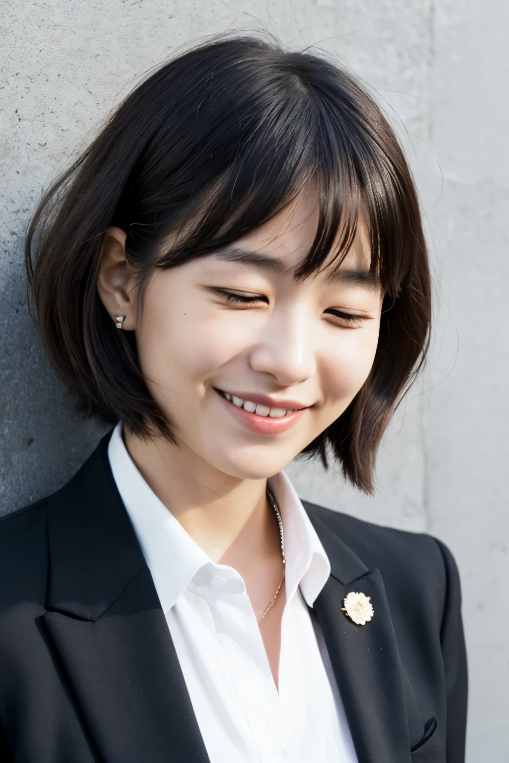 ・34 years old ・Short hair ・Black suit ・Smiling with mouth closed ・Design studio