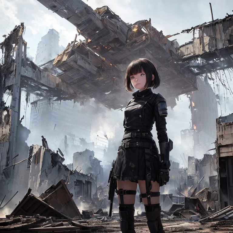 A girl in the world of the Apocalypse stands on a destroyed building, behind her is a destroyed city, fire and robots attacking a girl. The girl is very beautiful