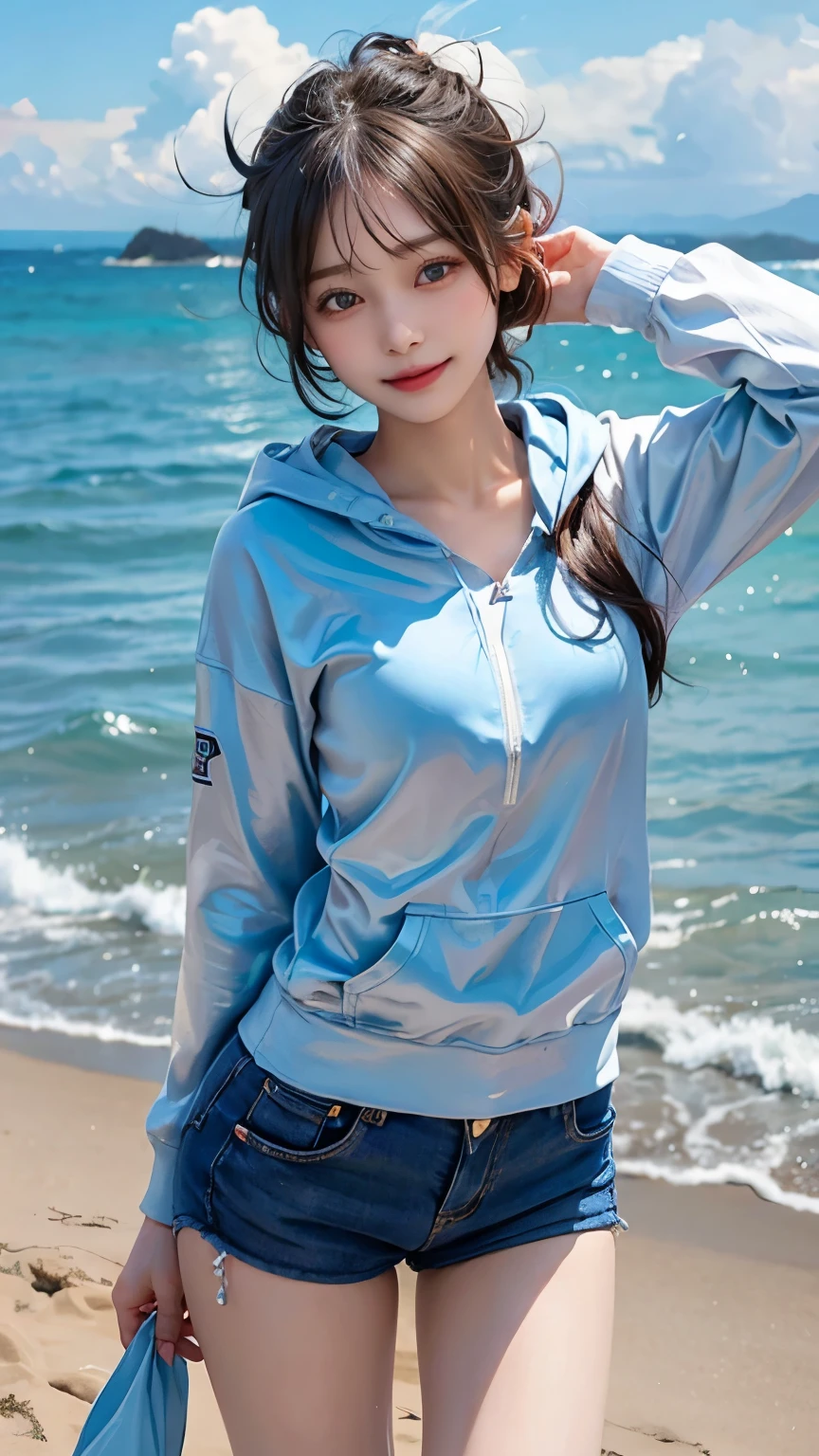 (8k, RAW photos, ultra high resolution, top quality, masterpiece: 1.2), (realistic illustrations), (highly detailed CG unified 8k wallpaper), absurdity, bokeh, (sexy micro bikini), outdoor, sea, sky, sunshine, cowboy shot, solo, ((tilt of head)), 1 girl, 25 years old, Japan girl, posing, smile, brown medium hair, up, (wet), (sparkly skin ), (splashing), wearing a white sheer hoodie, wet skin