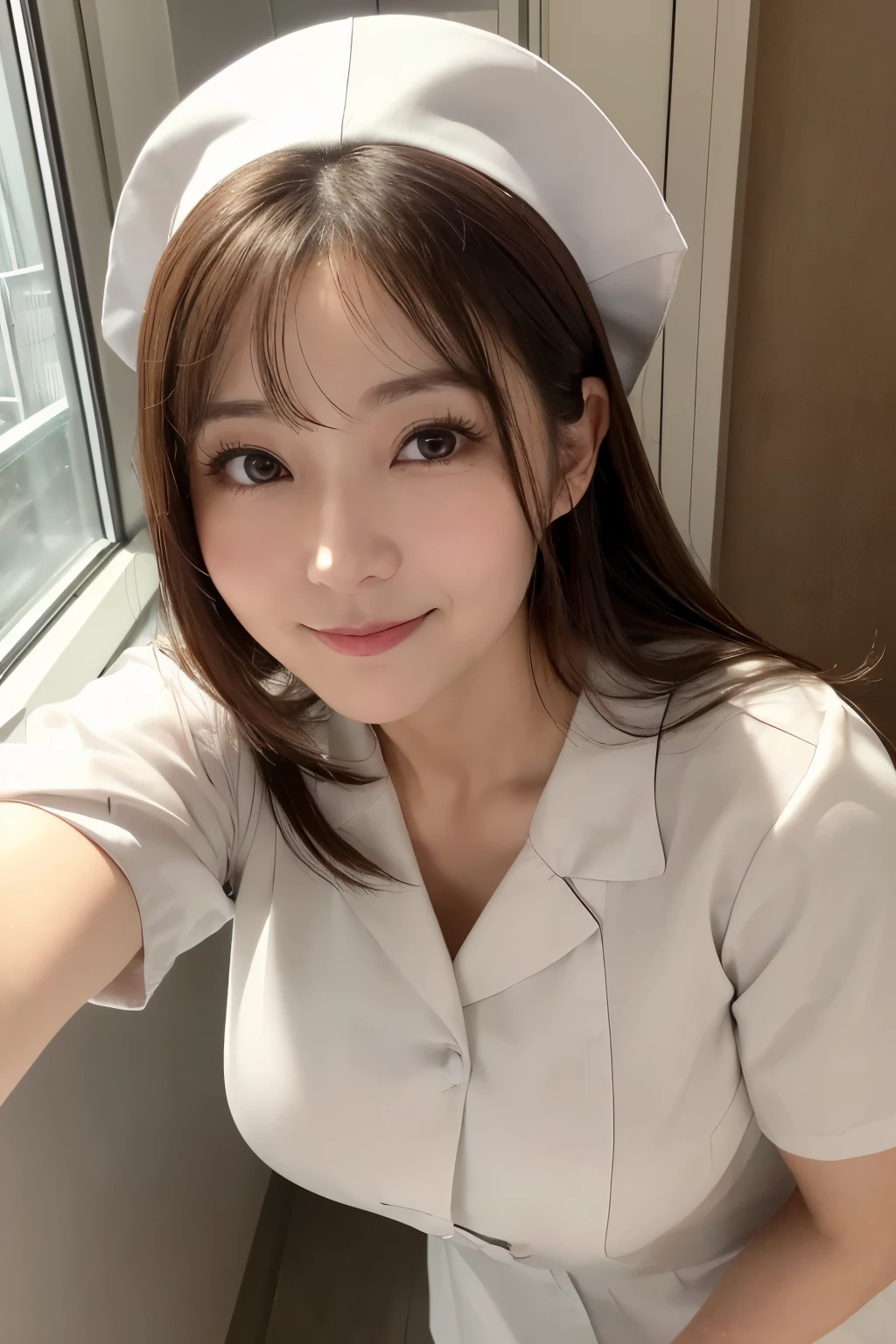 (1woman)、(Japanese、45years old、Refreshing、clear、seems kind、stylish、(narrow eyes)、Pitiful、cute like an angel、cute、black eyes、,actress,Slit eyes), Good style , (Beautiful big breasts:1.0),(soft breasts),(very cute),(brown hair),,( long hair、Straight Hair,one-length),(enchanting eyes),(highlight on eyes:1.2)、(8K、Live shooting、highest quality、masterpiece:1.2、optimal lighting)、((masterpiece)),(Photo taken by a professional photographer),(real、photo real:1.4),break,{ (white nurse costume),(((taraditional nurse uniform))),(white nurse mini skirt),(( pantyhose)),(cleavage:0.7)},(Smile1.0),(cheeks are red:1.2)、Face close-up:1.3,Looking at viewer, break, break,Hospital ,shower room