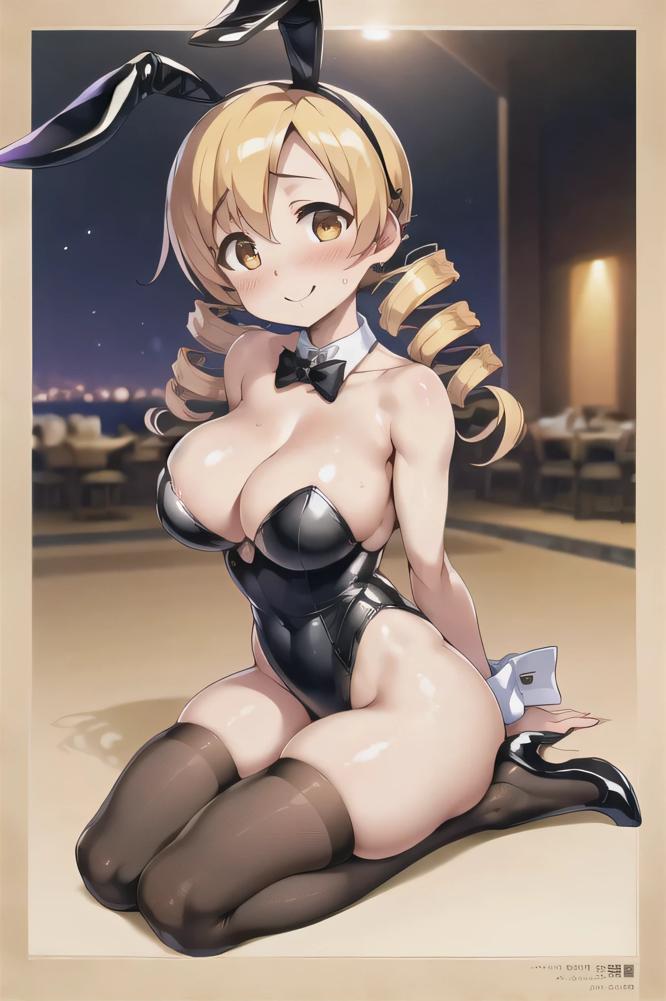 (masterpiece), (highest quality), (figure), (Very detailed), (High resolution), (8k), (Perfect Anatomy), (Anatomically correct), One Girl, Very large breasts, Big Breasts, Twin tails, Drill Hair, (Golden Hair), very cute girl, Short, young, , Young, delicate, Attention to girls, she, smile, charming smile, blush, Best moment, , low length, Golden Eyes, Bright Eyes, Vivid eyes, cute, Thighs, Waistline, Being spoiled, Innocent, i love you, Love Viewer, Beautiful Skin, Beautiful body, cute face, delicate arms, Innocent, Boyfriend's gaze, Vivid eyes, Neat, blush, Sensual, whole body, Seductive, Detailed skin texture, Intricate details, Very detailedな顔, Beautiful Eyes, Big Eyes, heart, Inviting, Desire to monopolize, Quote, Gorgeous, Beautifully shaped breasts, Looking up, I love you, 魔法少女まどか☆マギカ, Mami Tomoe, Bunny girl, Fake rabbit ears head dress, Casino at night, High heels, True Face, Black tights,