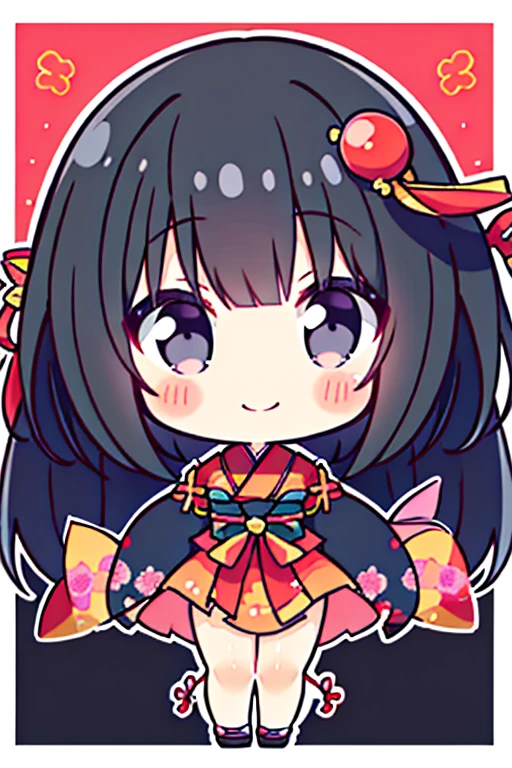 anime,1 anime girl,solo,masterpiece,best quality, 1girl, black hair, black eyes, smile, solo, closed mouth,kimono, border, blush, japanese clothes, bangs