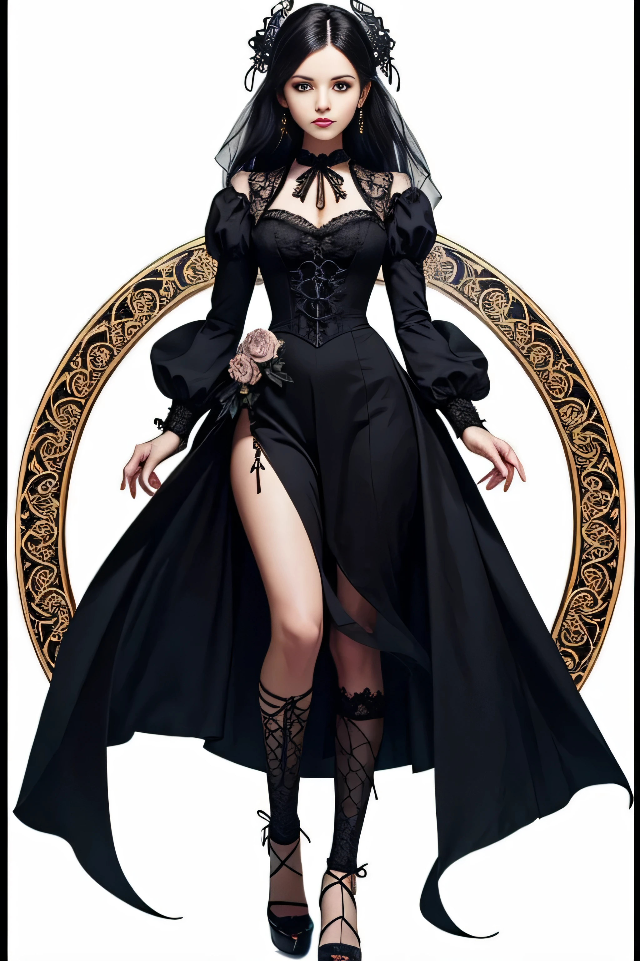 Create an extravagant full-body portrayal of a woman in Gothic style, emphasizing the "woman" theme. The design should feature Gothic elements such as lace, ribbons, and Victorian details, showcasing an elegant and intricate style. Utilize a color palette of black, white, and pastel tones to capture the unique Gothic aesthetic. The design must be eye-catching, with the woman centered in the image against a white background. She should fit well within the space, ensuring she does not touch the edges of the canvas. No text should be included in the image.