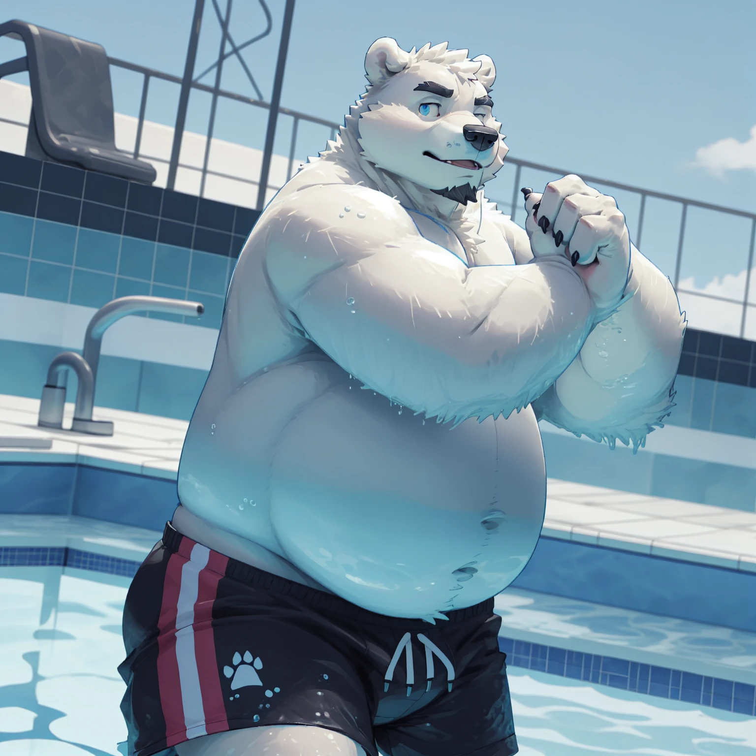 New Jersey 5 Furry,polar bear,Personal portrait,Unique,Exquisite, Chubby,Fat,Thick arms,Rugged muscles,Topless,White plush fur,Chubby脸,Black eyebrows,Sky blue eyes,Beard,shorts,Swimming pool,In the water,swim