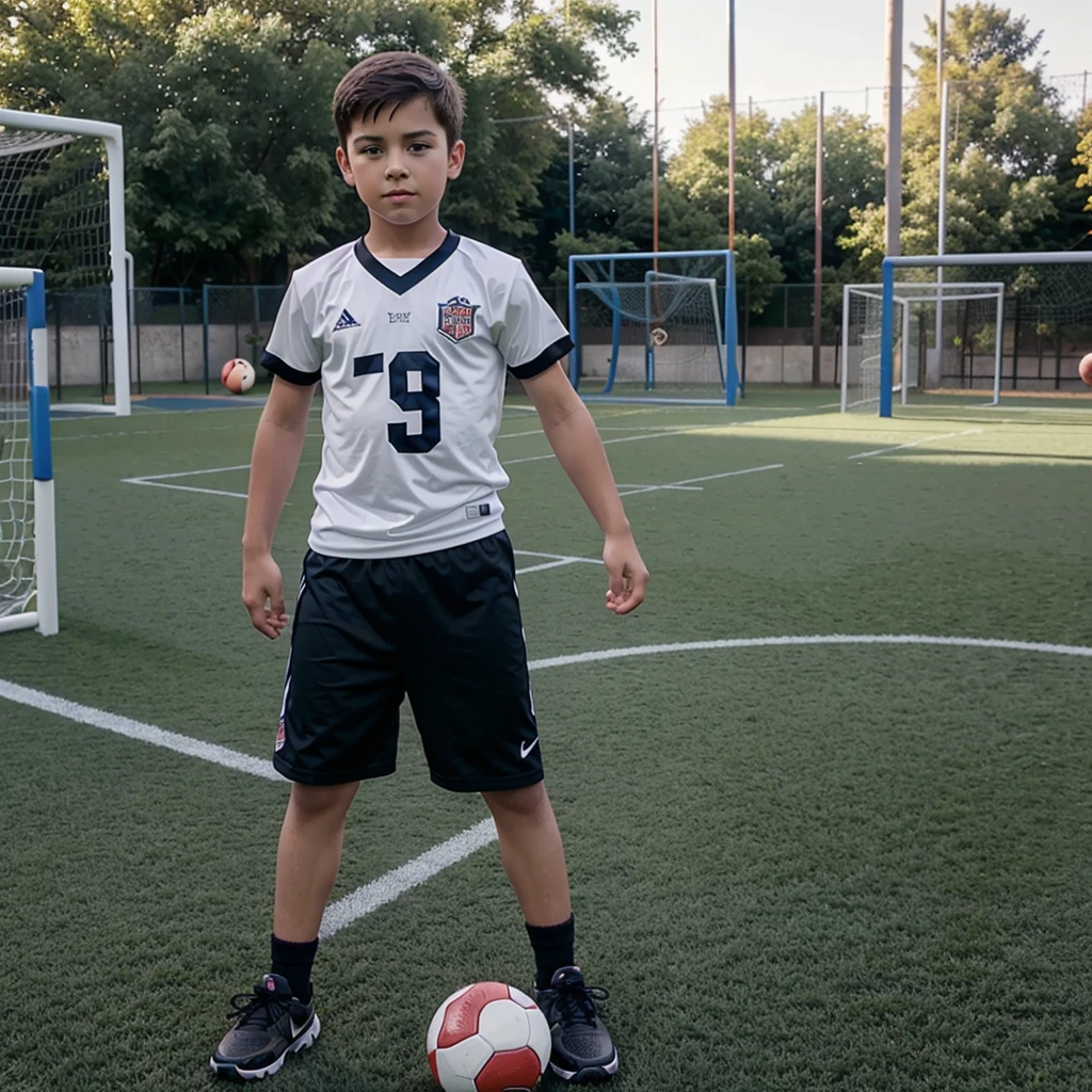 A handsome boy in a playground with play is football 