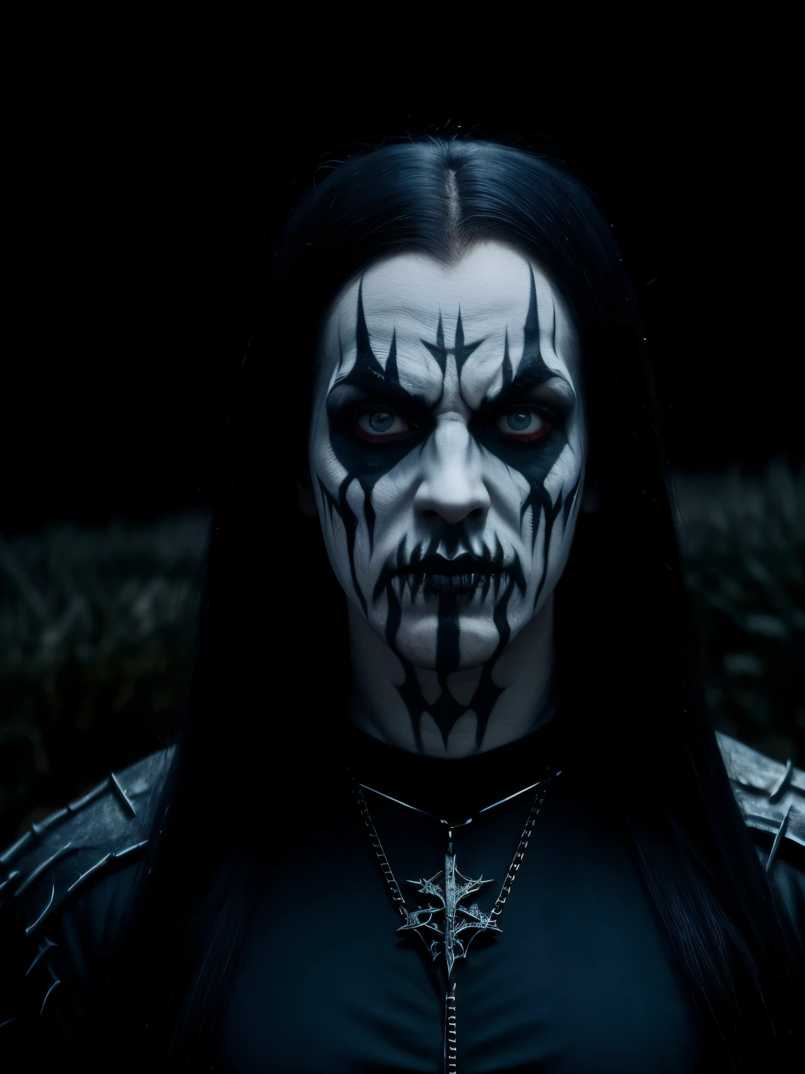 (masterpiece, best quality:1.2), (((1man, male))) , solo, highres, best quality, Half body shot of a strong Man, pale white skin angry man with (((black metal corpsy paint))), heavy White and Black face paint, in a gothic cemitery, at night, horror movie. high details, super detail, textured skin, masterpiece, UHD, 4K, 8k. ((Cinematic lighting)).