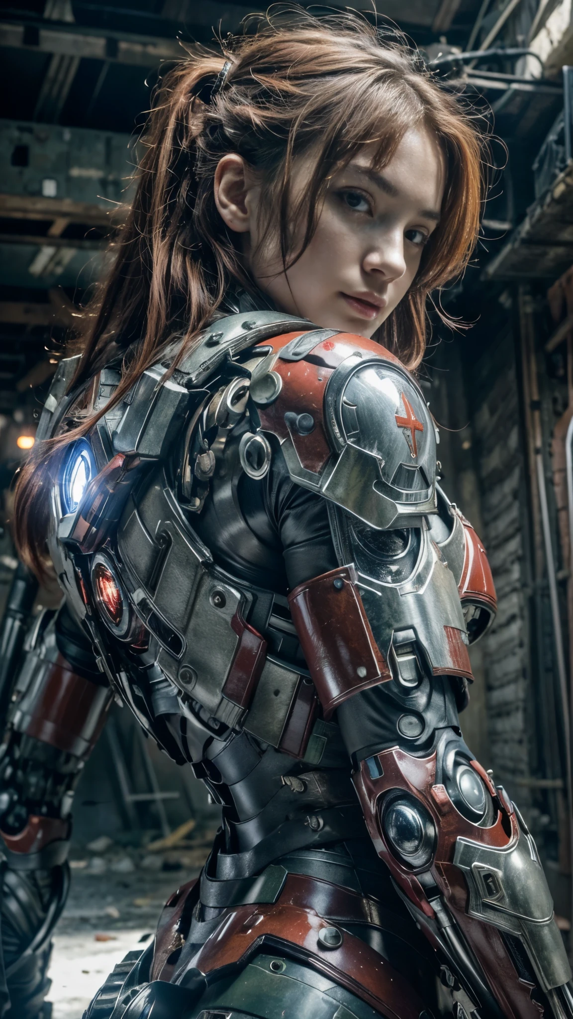 (Masterpiece, Best Quality, photorealestic:1.4), , (UHD, 8k wallpaper, High Resolution), japanese girl as a cyborg war mechine in a cyborg military armor (put a shield on her arm:1.3), dusty bodywork, messy red hair, beautiful face, very tight musculature, dynamic pose, sharp expression. Against the backgroind of a ruined New York City, dressed in red black cyborg military armor is like ironman suit, Oppressive atmosphere, postapocalypse, photon mapping