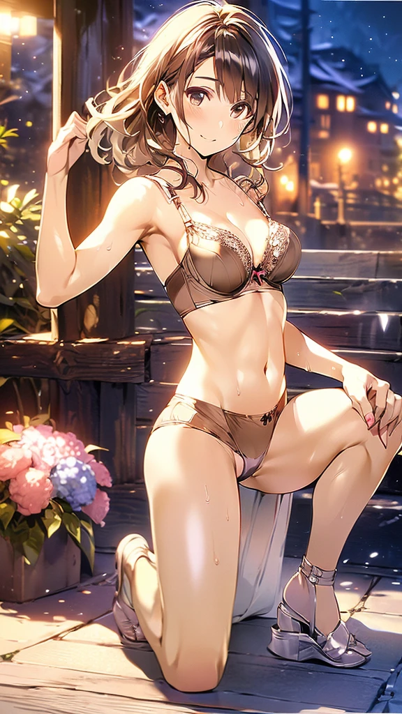 (((night,真night中))),(whole body),(((Cinema lighting))),((Perfect Anatomy:1.2,Realistic:1.3,Raw photo:1.3,masterpiece、highest quality、Ultra - High resolution、High resolution、Extremely detailed CG、8k)),((attractive way to sit)),((secret)),1 female,alone,18-year-old、High school girl beautiful girl,Japanese,((Beautiful and exquisite face and eyes:1.2,Big beautiful eyes:1.0,)),(Bright Eyes),((Beautiful woman))、((Blonde)),Long Hair,(Center parted hair:1.4,amount),Medium chest,((slim body)),Small Head:1.3,skinny,(Brown Skin:1.8),((Oily skin,Glowing Skin,Shiny skin,Sweat:1.4)),((Model pose)),(((kimono:1.0))),{{{undressing}}},(prostitution),shrine,((Turn your body forward)),Stick out your crotch、(Detailed depiction of the crotch),(((Raise one knee:1.3))),break,(((satin bra)))、(((Satin panties)))、(shiny bra:2),((Shiny panties:2))、(((Pastel colored underwear:1.6))),((((Bra and panties are drawn in the same color))))、((Shiny bra:2)),((Shiny panties:2))