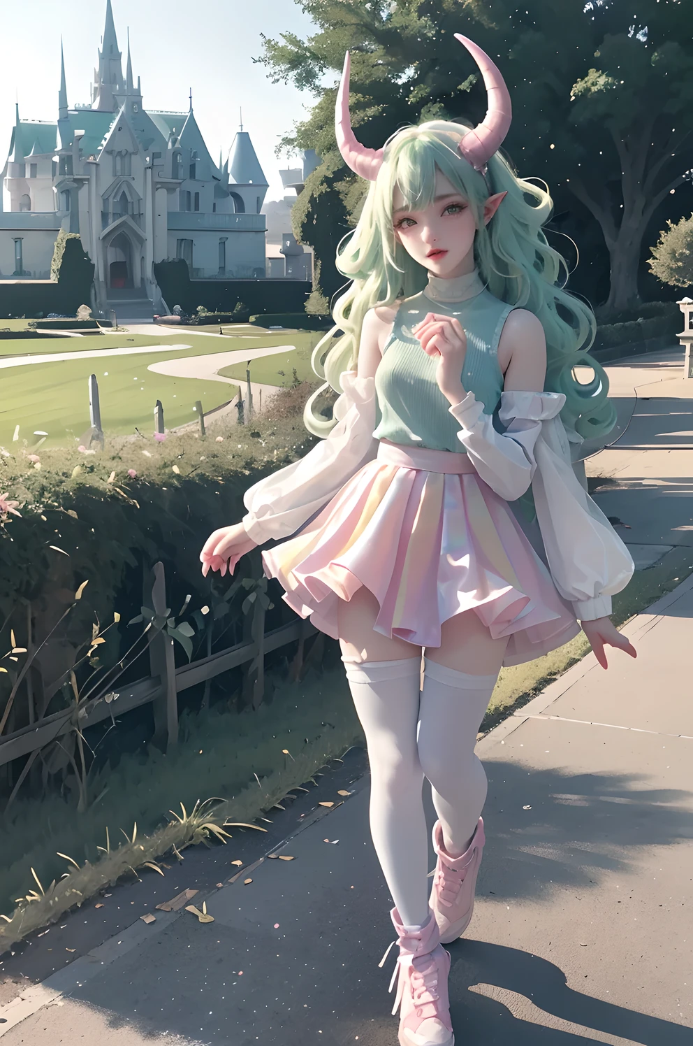Tulip garden,Pouting and smiling,Two s in openwork translucent stockings holding toys,Pout,Pink double-tailed hair and cyan eyes,Anime little girl costume