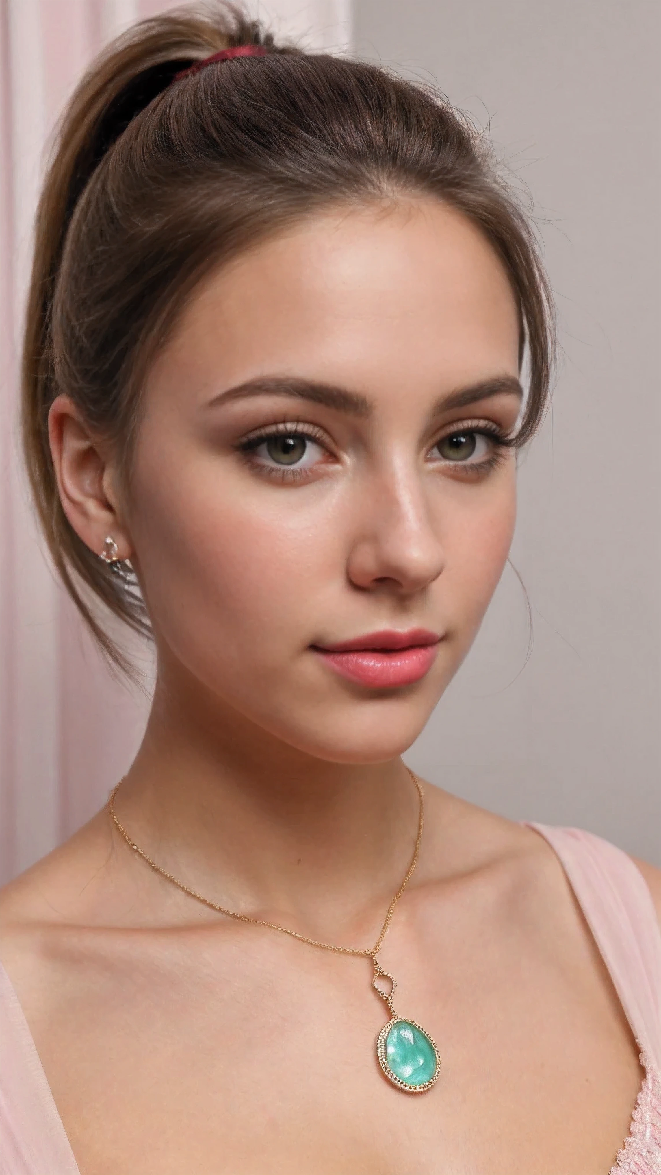 color photograph, close-up, ((a realistic photo of a beautiful girl)), (milalc), light, ((glowy skin)), looking_at_viewer, (fit body:1.0), ((medium breasts)), soldier,  beautyfull drees, jewelry,  neckless, wearing to many accessories, pink lipstick, shy, blushing,  high ponytail, detailed illustration, masterpiece, high quality, realistic, very detailed face,