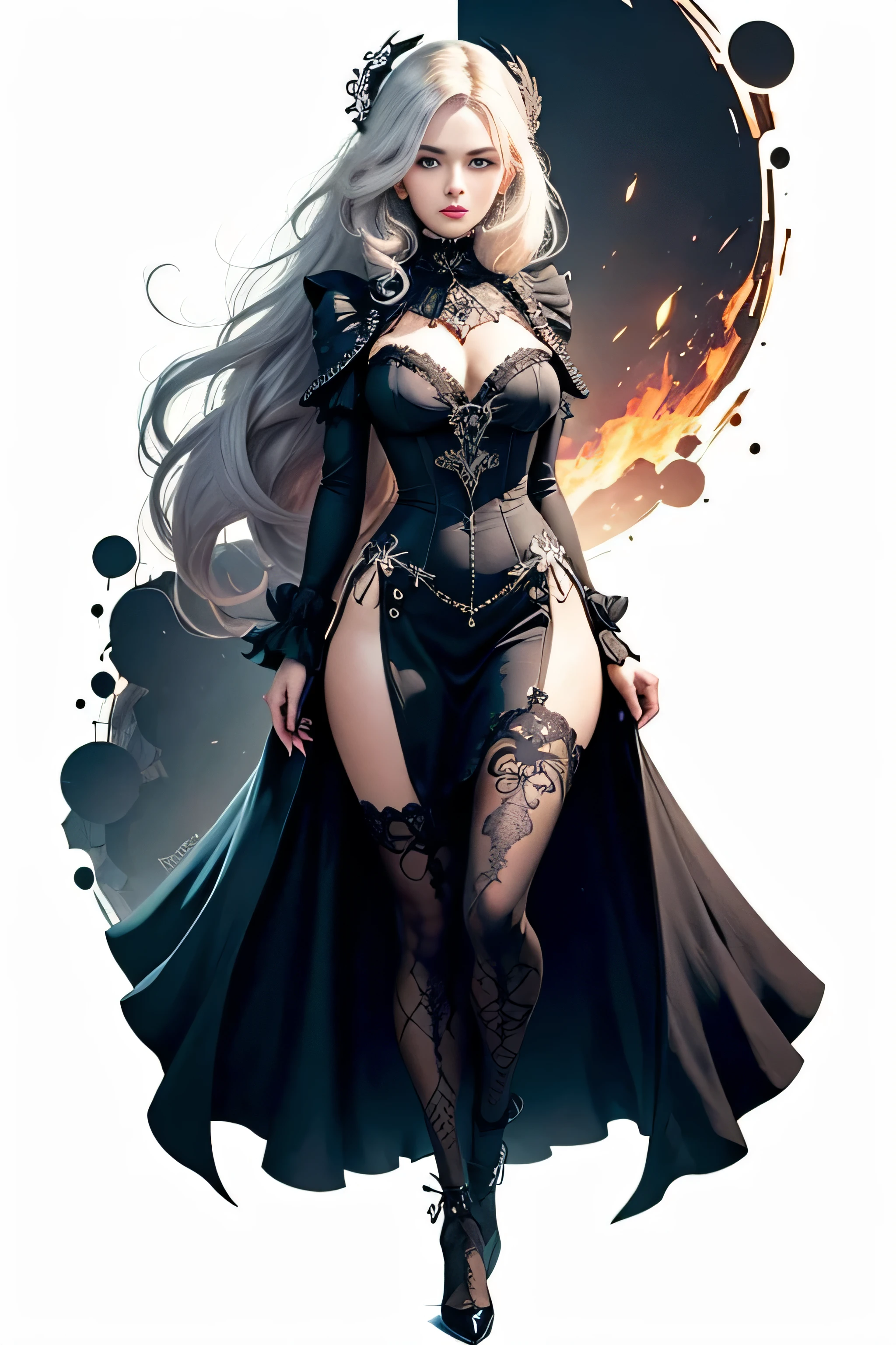 Create an extravagant full-body portrayal of a woman in Gothic style, emphasizing the "woman" theme. The design should feature Gothic elements such as lace, ribbons, and Victorian details, showcasing an elegant and intricate style. Utilize a color palette of black, white, and pastel tones to capture the unique Gothic aesthetic. The design must be eye-catching, with the woman centered in the image against a white background. She should fit well within the space, ensuring she does not touch the edges of the canvas. No text should be included in the image.