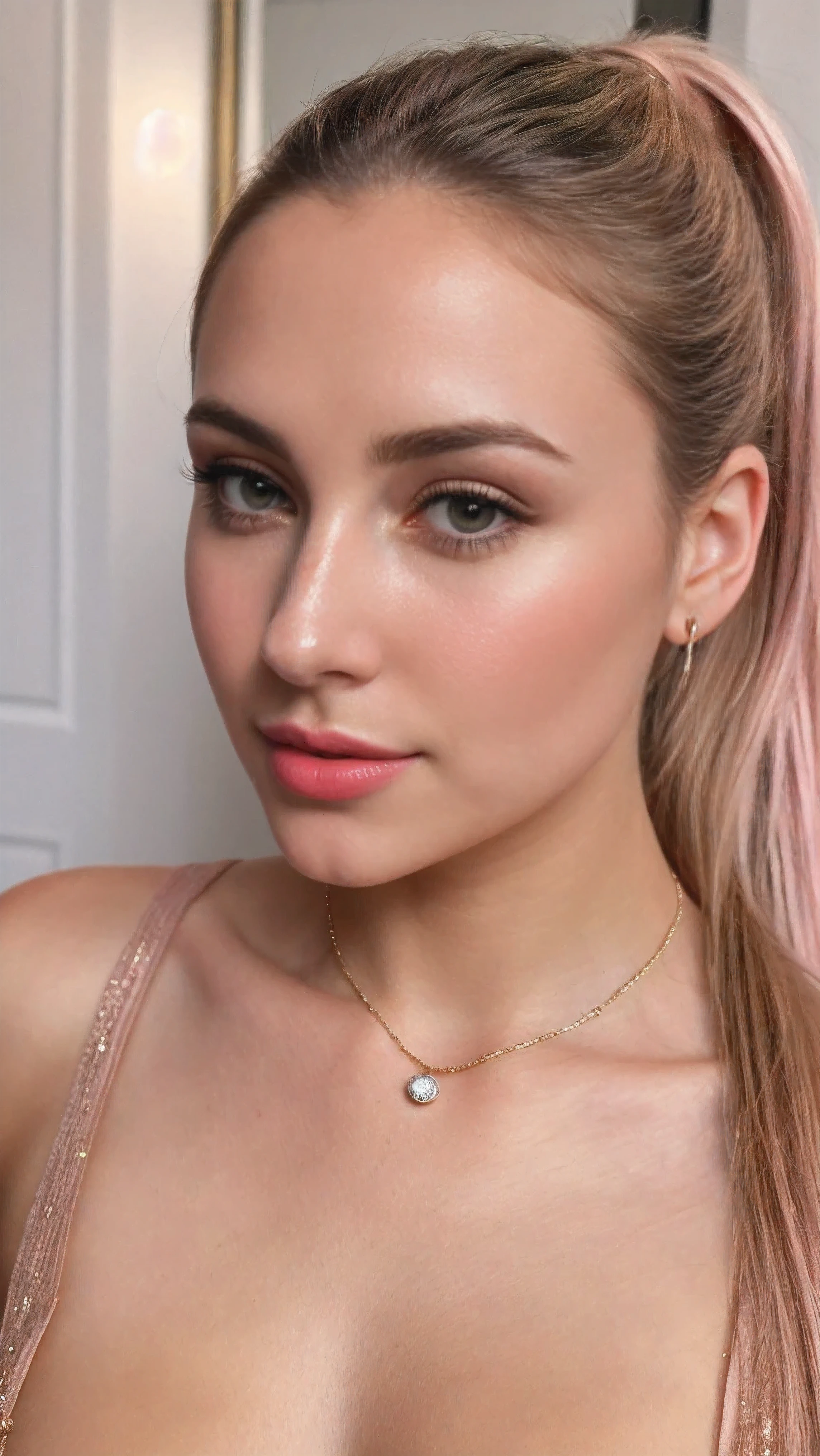 color photograph, close-up, ((a realistic photo of a beautiful girl)), (milalc), light, ((glowy skin)), looking_at_viewer, (fit body:1.0), ((medium breasts)), soldier,  beautyfull drees, jewelry,  neckless, wearing to many accessories, pink lipstick, shy, blushing,  high ponytail, detailed illustration, masterpiece, high quality, realistic, very detailed face,