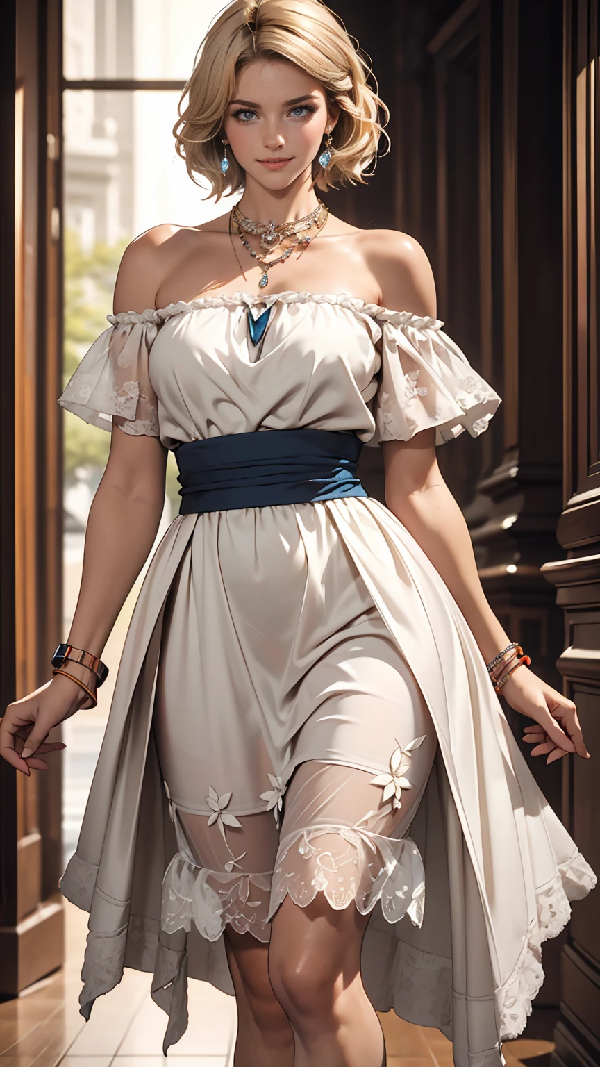 (8K, RAW Photos, highest quality, masterpiece:1.2), (Realistic, photo-Realistic:1.37)、fashion model body shape、Having her hair done、My chest is popping out、Wear accessories on your wrist、Wearing accessories on the ankle、smile、White woman、Platinum Blonde、blue eyes、Two Side Up((hair two side up))、Wear a sheer off-the-shoulder dress、Wear mules、smile