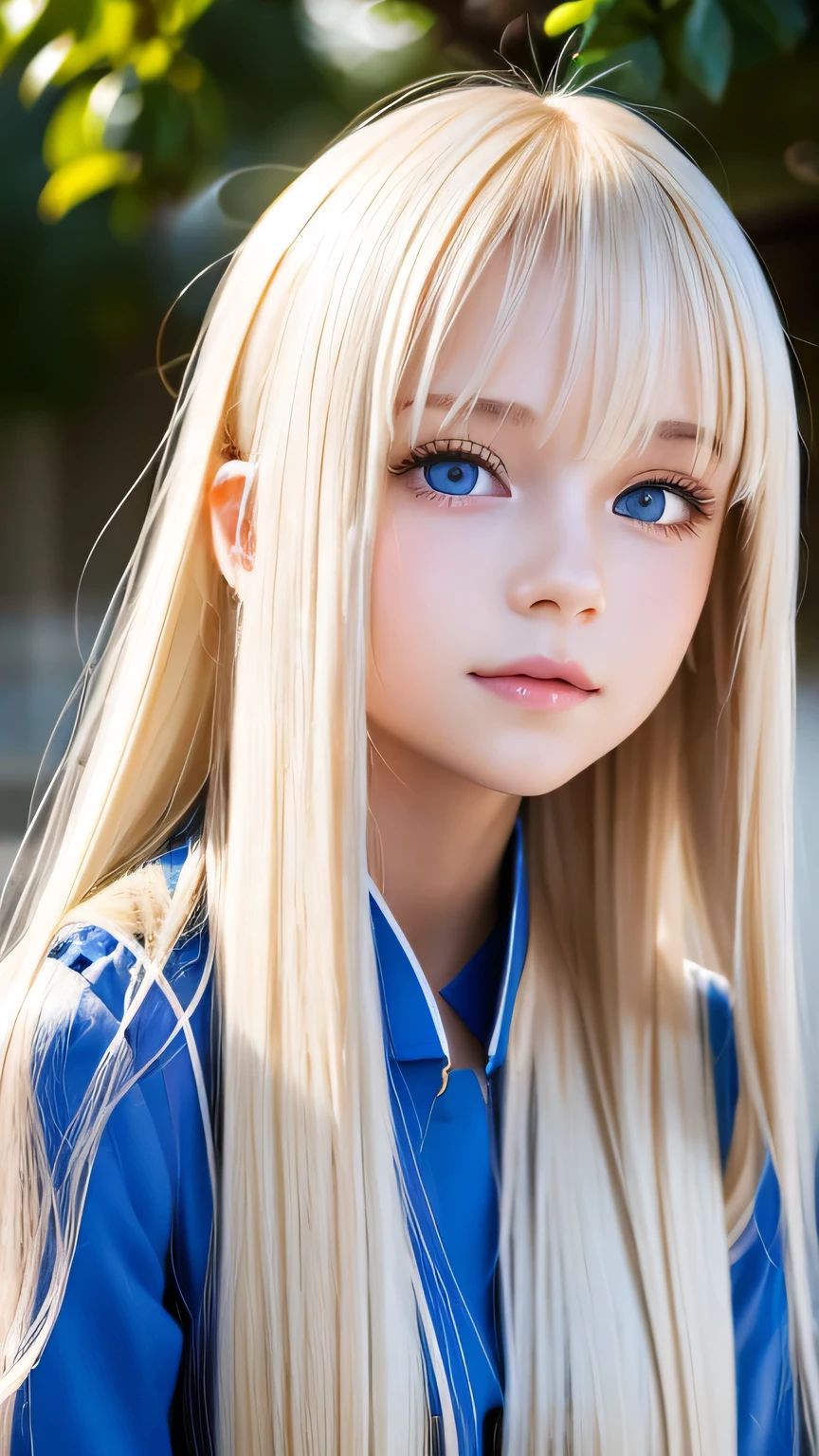 Portrait、、Bright expression、ponytail、Young, lustrous, glowing, white skin、The best beauty、Blonde reflection、Platinum blonde hair with dazzling highlights、Shiny bright hair,、Super long silky straight hair、Shiny beautiful bangs、Bright, clear, attractive, large blue eyes、Very beautiful lovely cute girl、Ample Bust