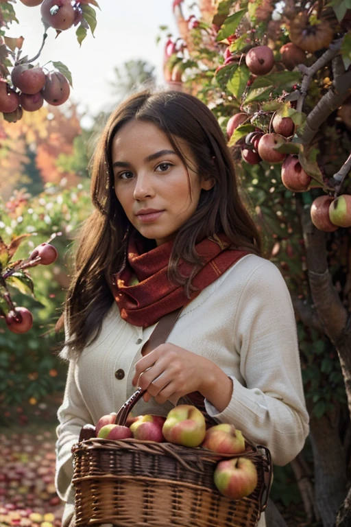 (Best quality, Ultra detailed: 1.2), Vibrant autumn scene, woman in a red scarf, carrying a woven basket overflowing with ripe apples and colorful leaves, soft natural lighting, golden hours, shallow depth of field, photorealistic, crisp texture, apples gleaming with freshness, (detailed basket weave: 1.3), (thick foliage: 1.5), orchard in the background, ground covered with fallen leaves, vintage film grain, 8K resolution. (perfect autumn day, apple picking) (basket, full of apples) (beautiful autumn day) (woman with basket) (aut